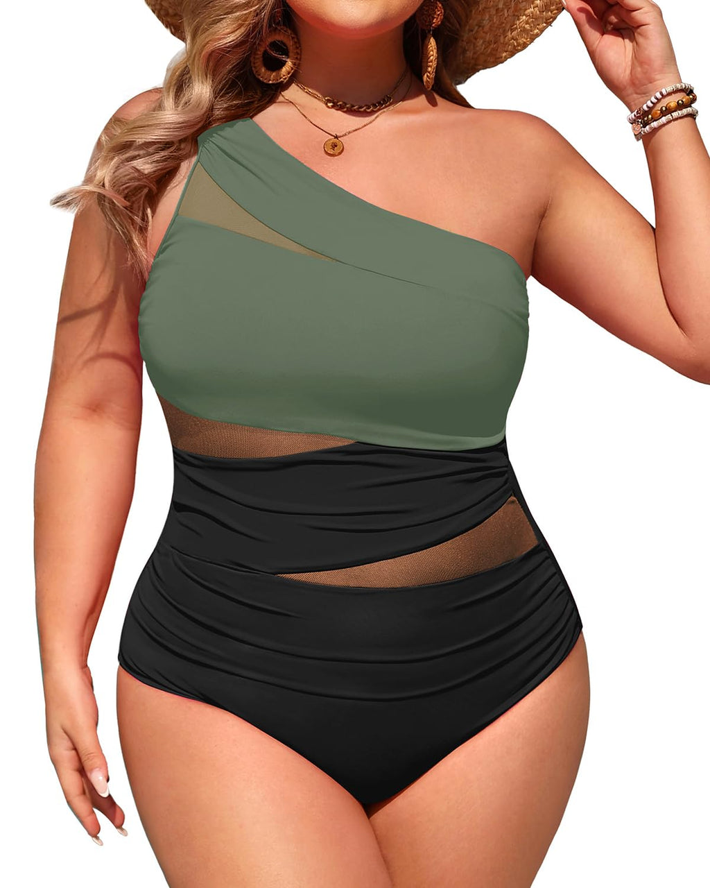 Plus Size One Piece Swimsuit for Women - One Shoulder Bathing Suit | Removable and Adjustable Strap, Detachable pads, Flatter midsection via front mesh, Drape diagonal folds to hide bulk