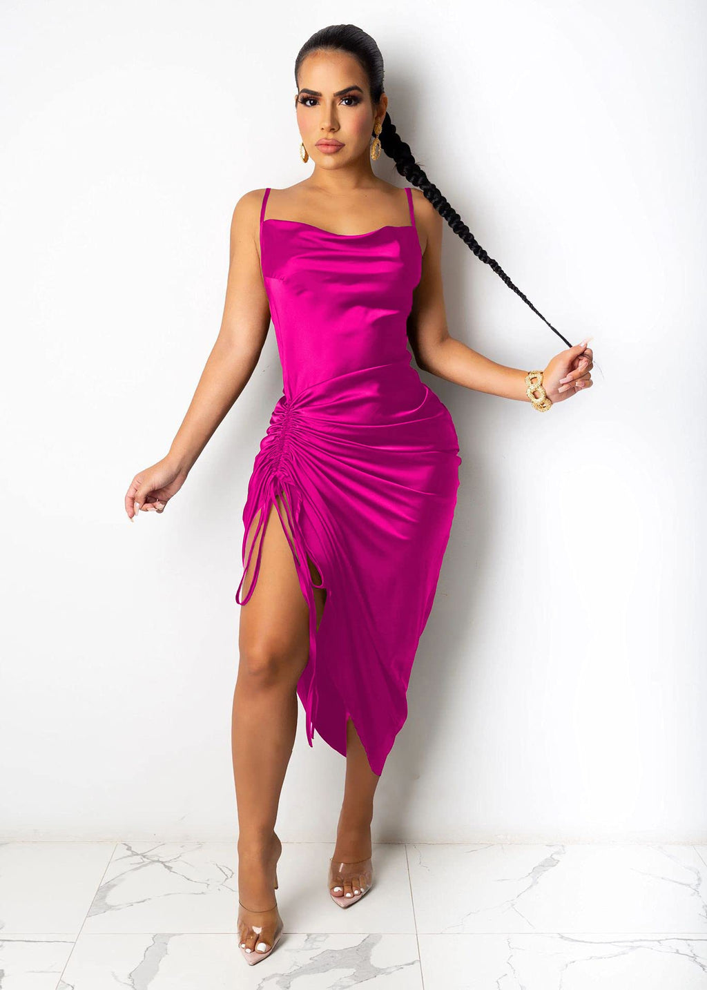Women's Spaghetti Strap Satin Dress Sexy Backless Drawstring Ruched Split Hem Cocktail Evening Party