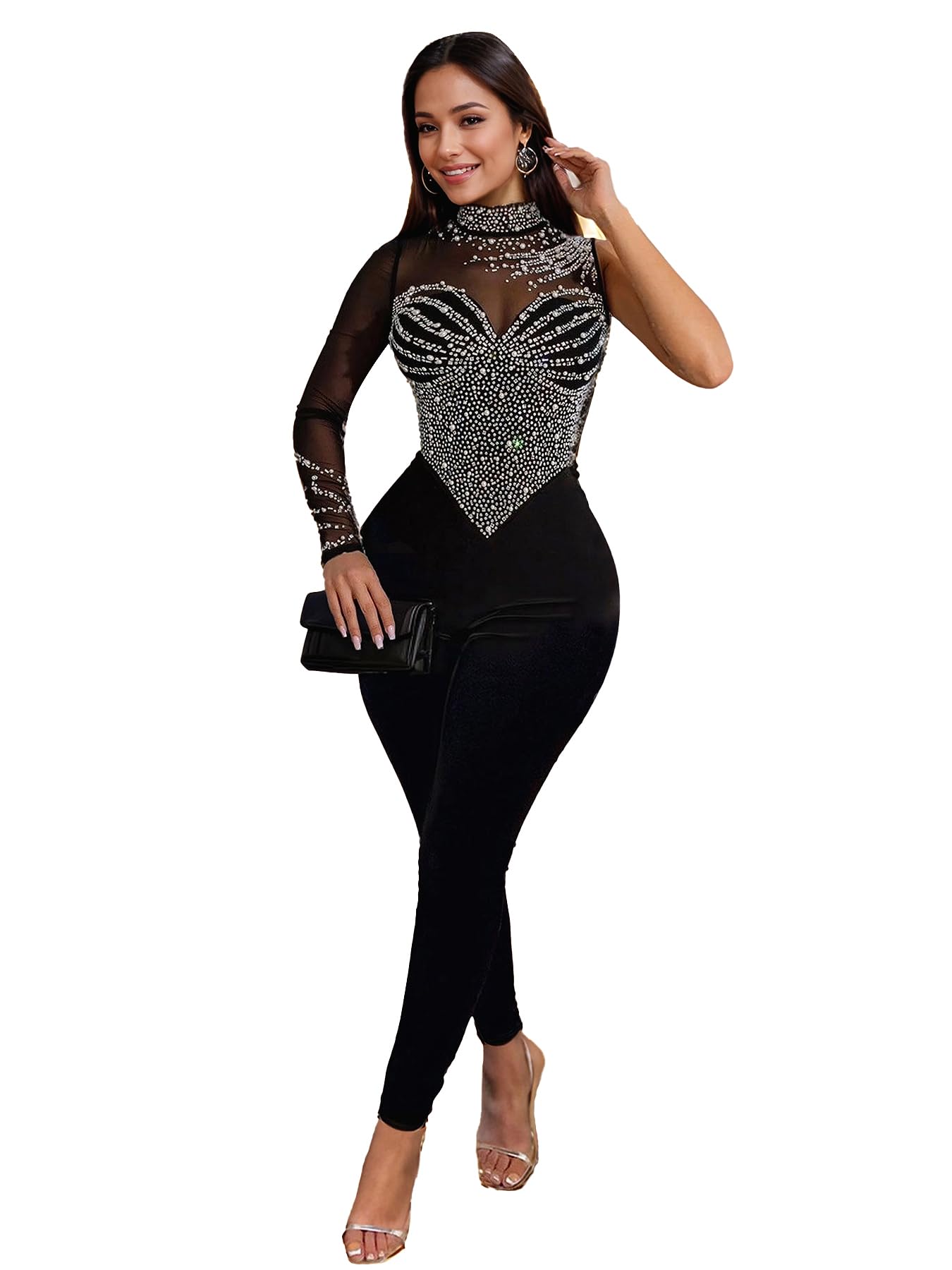 Nagfar Women Sexy Elegant Rhinestone Mesh See Through Bodycon Jumpsuits