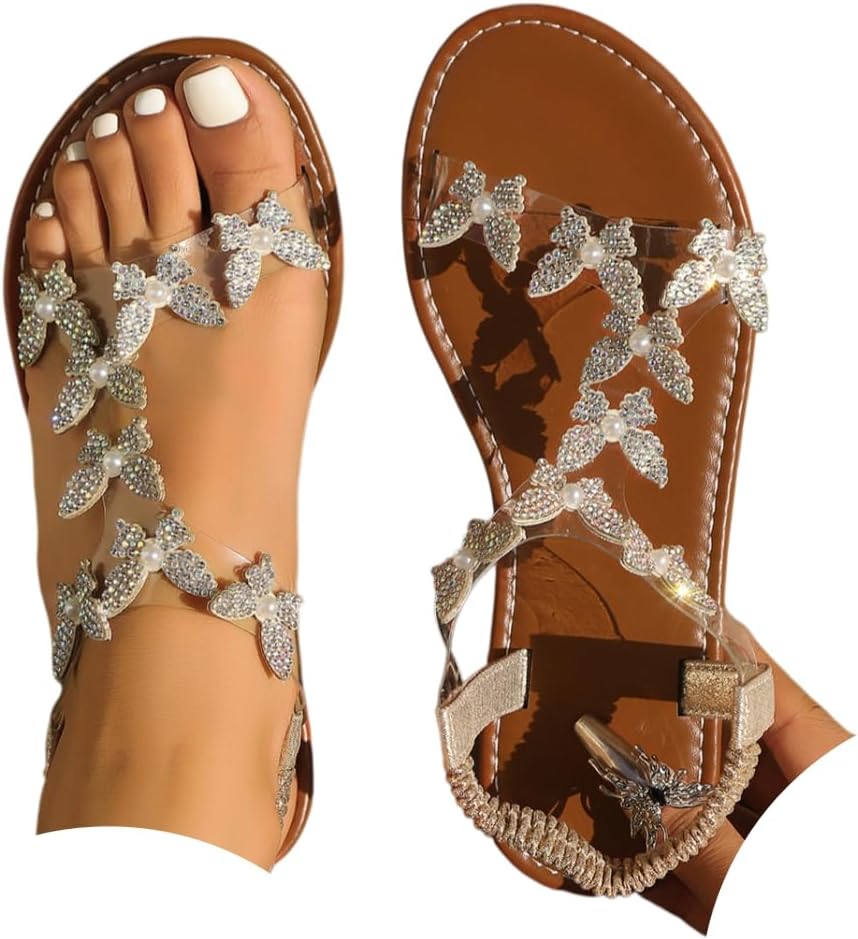 Women's Butterfly Rhinestone Flat Sandals Glitter Sparkly Bling Strappy Open Toe Elegant Transparent Elastic Strap Gladiator Sandals for Dressy Summer Wedding Bridal Prom Travel Daily Wear