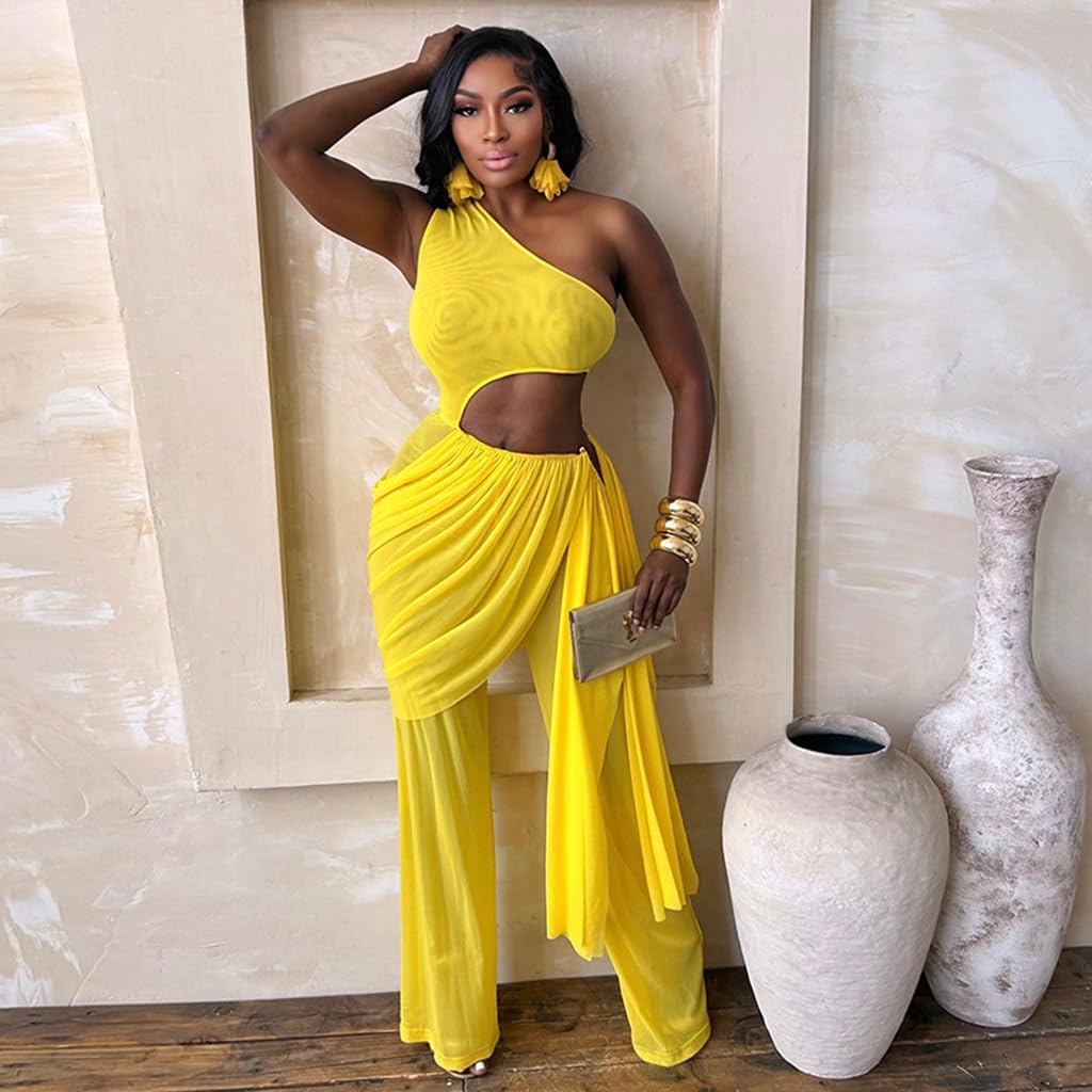 Sexy Jumpsuits for Women Cutout Sheer Mesh One Shoulder Draped Ruched Wrap One Piece Club Outfits for Women