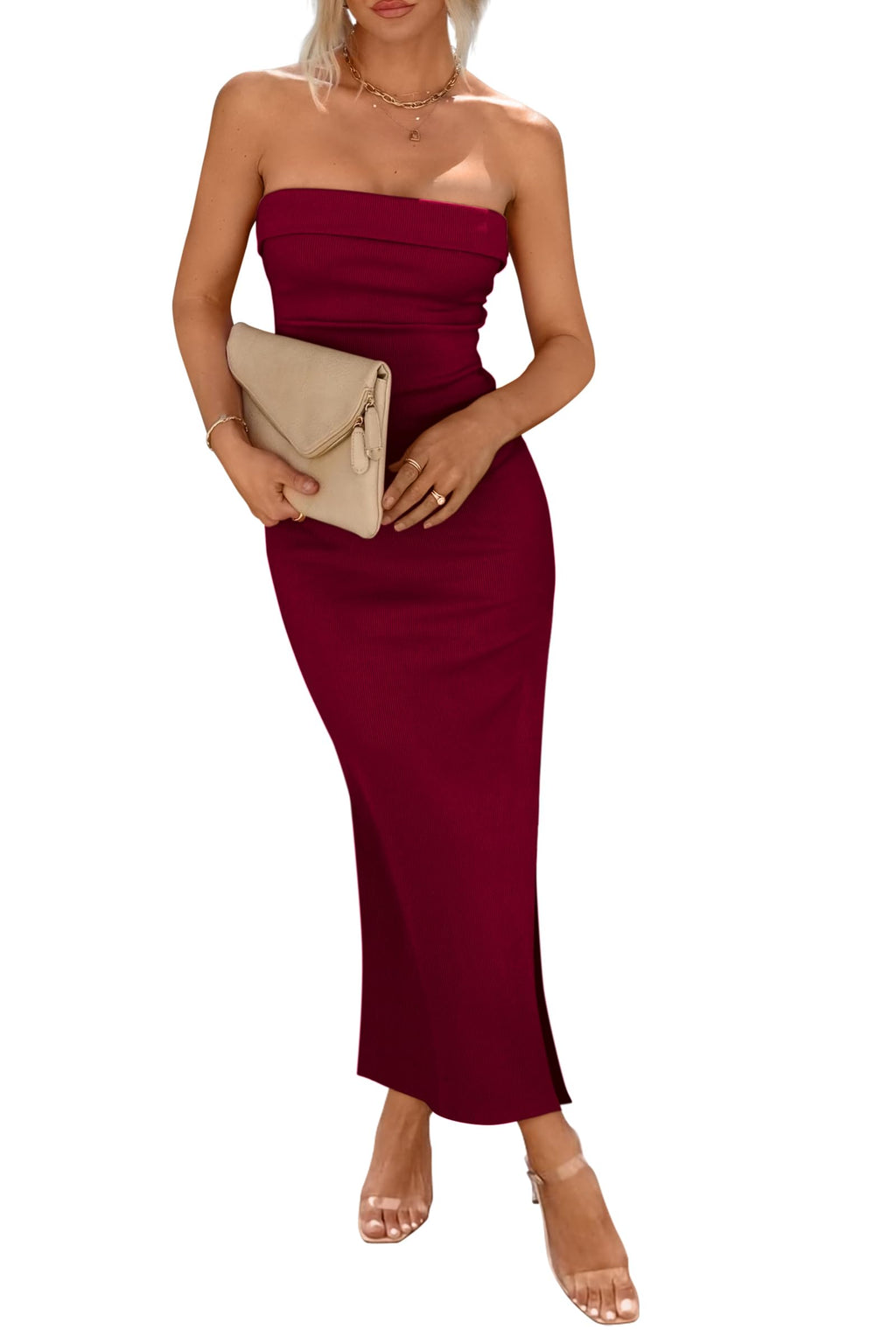 PRETTYGARDEN Women's Summer Strapless Cocktail Maxi Dresses | Soft Ribbed Fabric,Tube Top Dress,Slim Fitted Bodycon,Side Slit,Elegant Long,Wedding Guest,Birthday Party,Date Night Outfits
