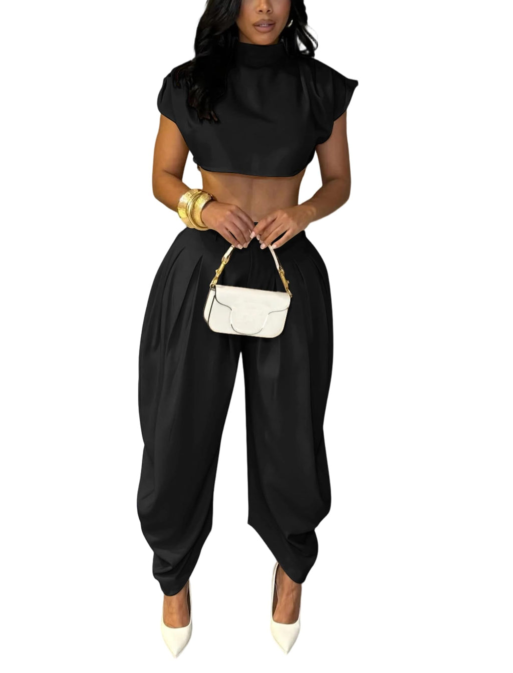 Ekaliy Womens Casual 2 Piece Outfits Cap Sleeve Crop Top Palazzo Pants Set | Mock Neck,Short Sleeve,Zipper-Back Crop Top,High-Waisted Pleated Pants,Wide Leg Dress Pants,2 Piece Sets For Women Dressy