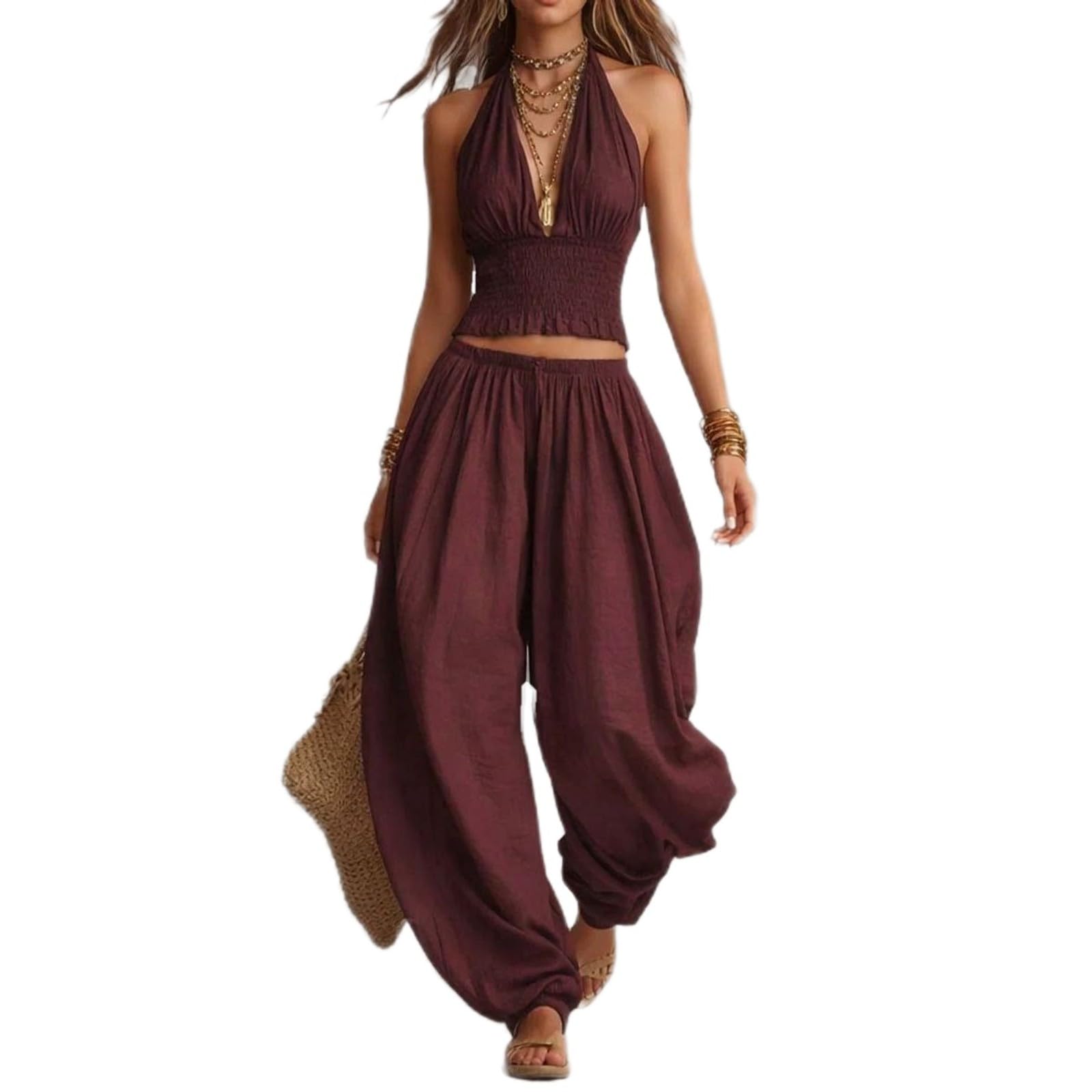 2 Piece Outfit for Women Sleeveless Crop Top and Wide Leg Pants Set Summer Loose Smocked Casual Beach Matching Sets