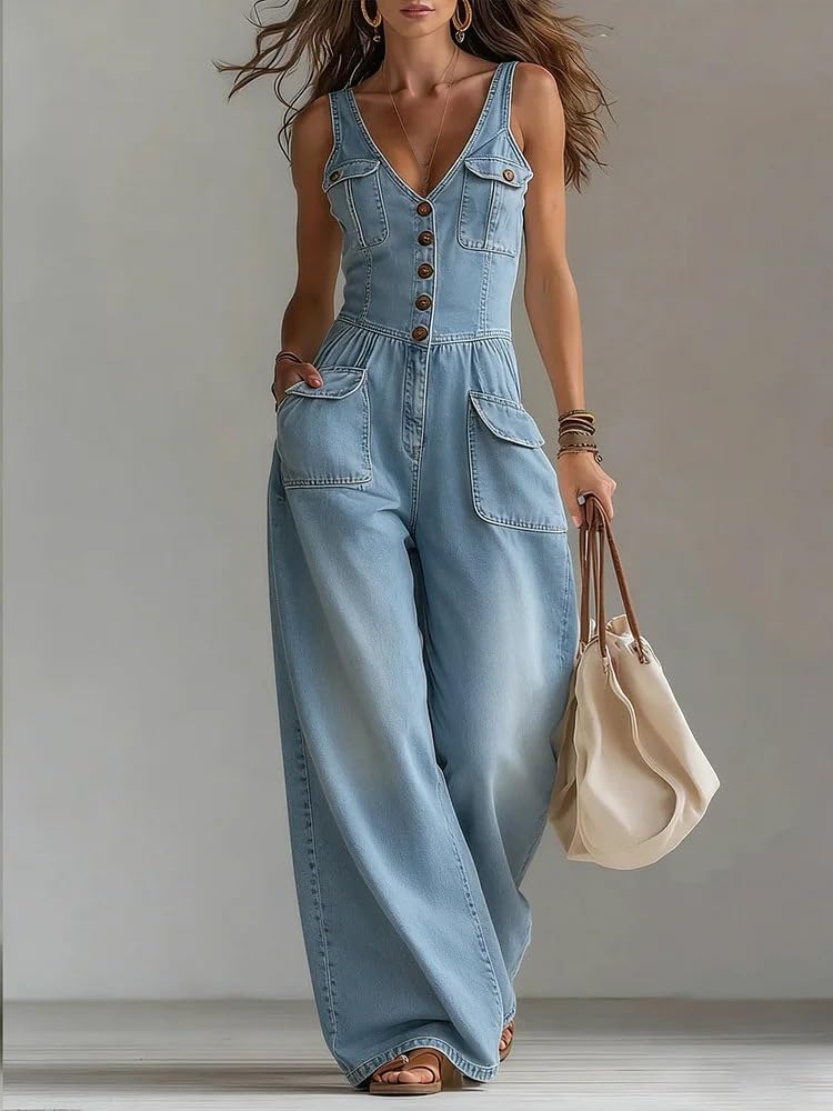 Denim Jumpsuit For Women Sleeveless V Neck Button Front Wide Leg Pants Casual Outfit