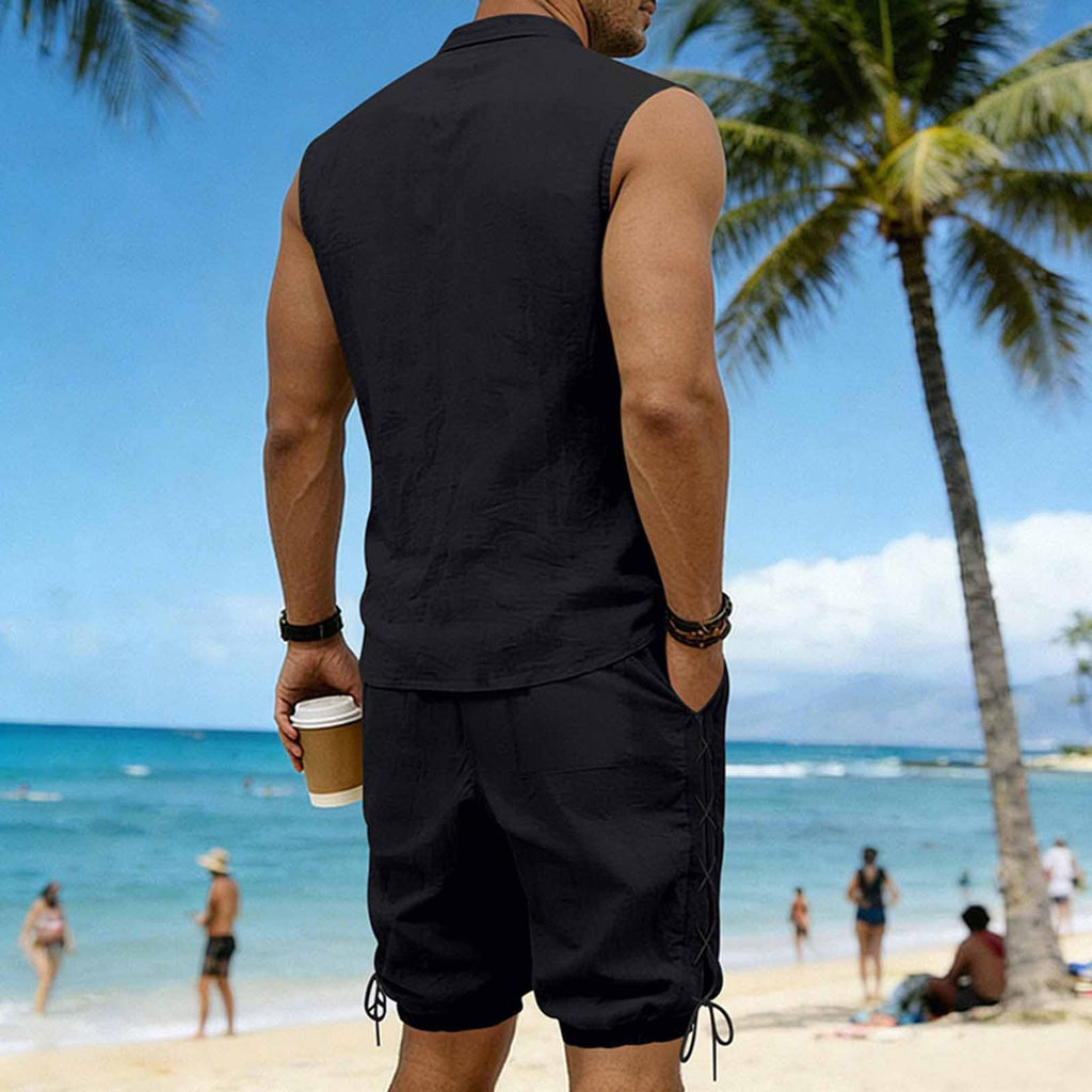 Cambkatl 2 Piece Outfits for Men Lightweight Linen Shorts Set Laceup V Neck Sleeveless Tank Top Matching Sets with Pockets