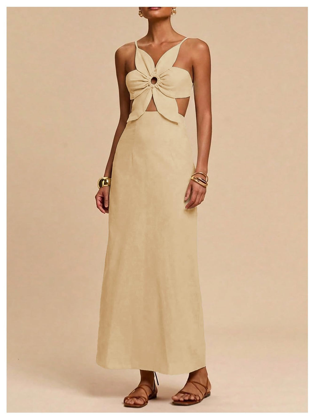 SHENHE Women's Petal Backless Linen Maxi Dress Cut Out Vacation Dresses | Keyhole, Spaghetti Strap, Open Back, Long Dress, Zipper, Summer, Date Night, Cami Dresses