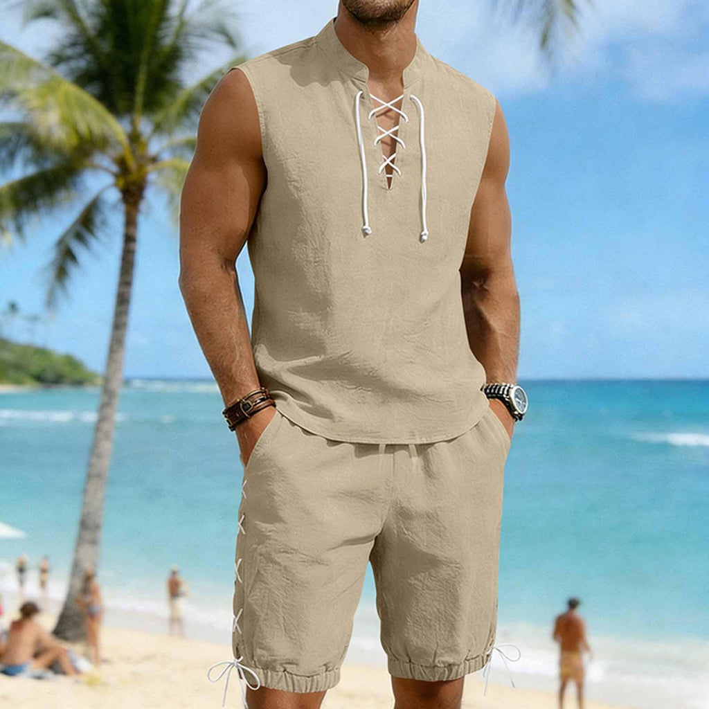 Cambkatl 2 Piece Outfits for Men Lightweight Linen Shorts Set Laceup V Neck Sleeveless Tank Top Matching Sets with Pockets