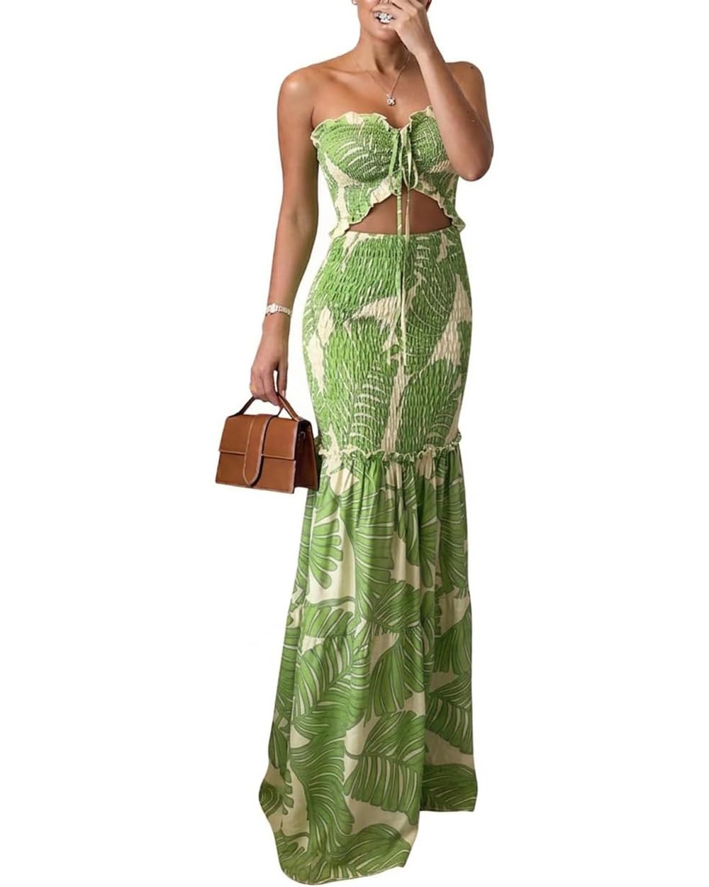 CHICME Floral Vacation Dress Halter Tie Ruched Womens Maxi Dress | Sleeveless Slim Dress, 3-Way Tie: Halter, Bow or Strapless,Ruffle Mermaid Hem for Party,Vacation,Wedding Guest