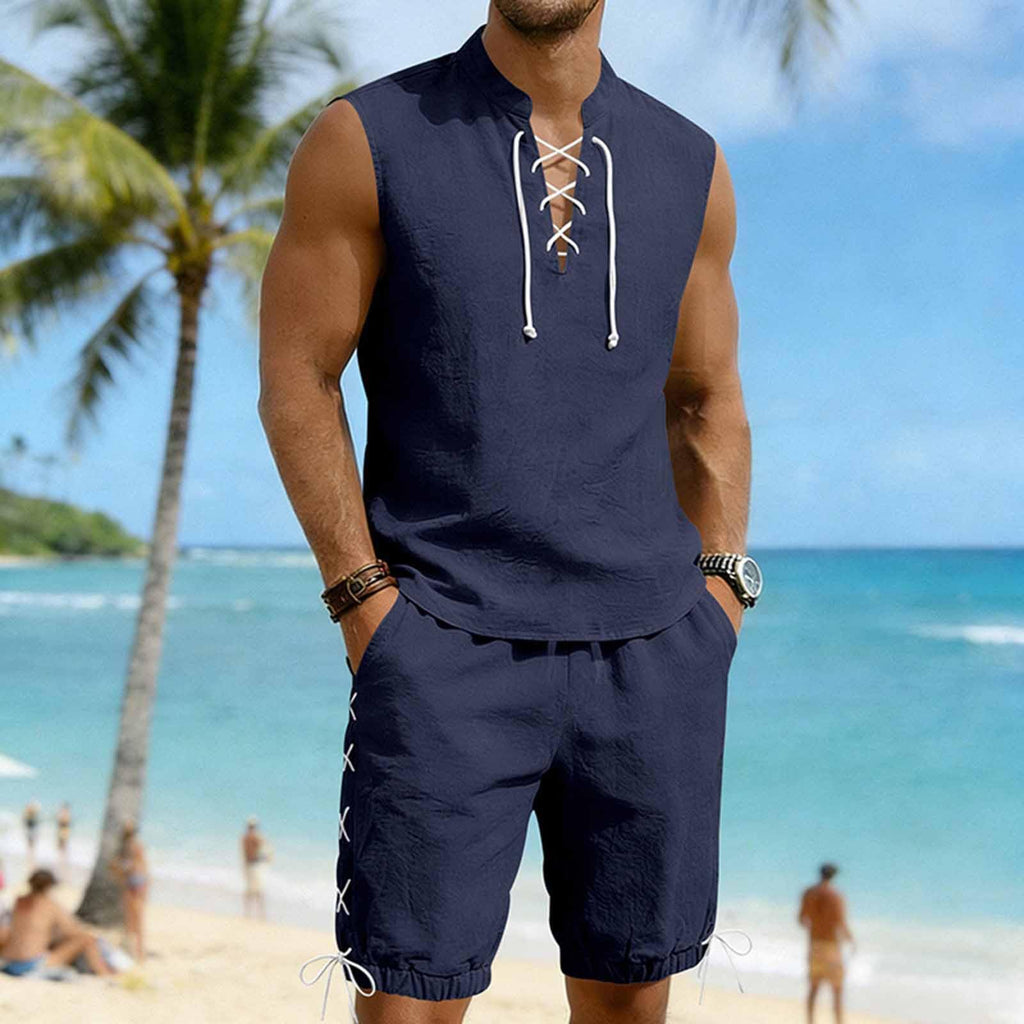 Cambkatl 2 Piece Outfits for Men Lightweight Linen Shorts Set Laceup V Neck Sleeveless Tank Top Matching Sets with Pockets
