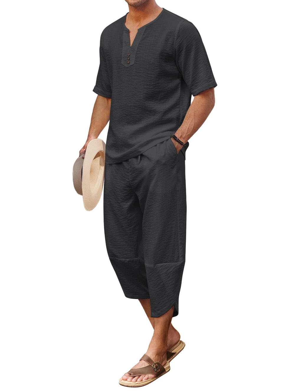 COOFANDY Men's 2 Pieces Linen Set Henley Shirt Short Sleeve and Harem Capri Pants Wide Leg Baggy Beach Yoga Trousers Outfits