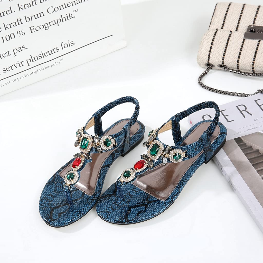 MIOKE Women's Bohemia Bling Jeweled Flat Sandals T-strap Clip Toe Cutout Slingback Summer Beach Flipflops