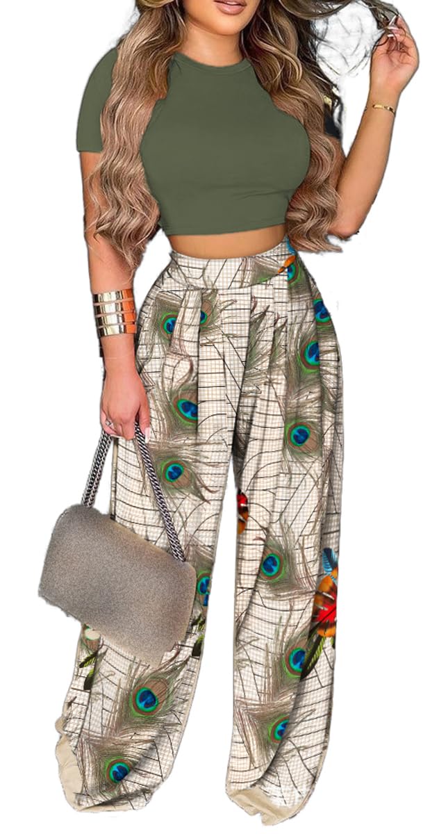 2 Piece Outfits for Women Short Sleeve Crop Top High Waist Wide Leg Long Pant Sets Tracksuit Sport Set