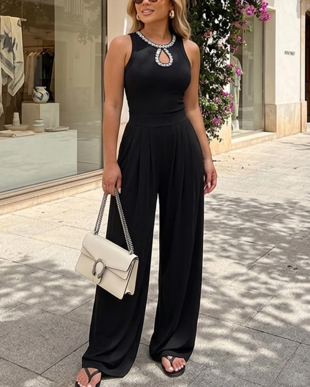 Women Rhinestone Sleeveless Wide Leg Jumpsuit with Pockets | Elegant Rhinestone Sleeveless Jumpsuit with Wide Leg Fit and Pockets for Party, Vacation & Night Out