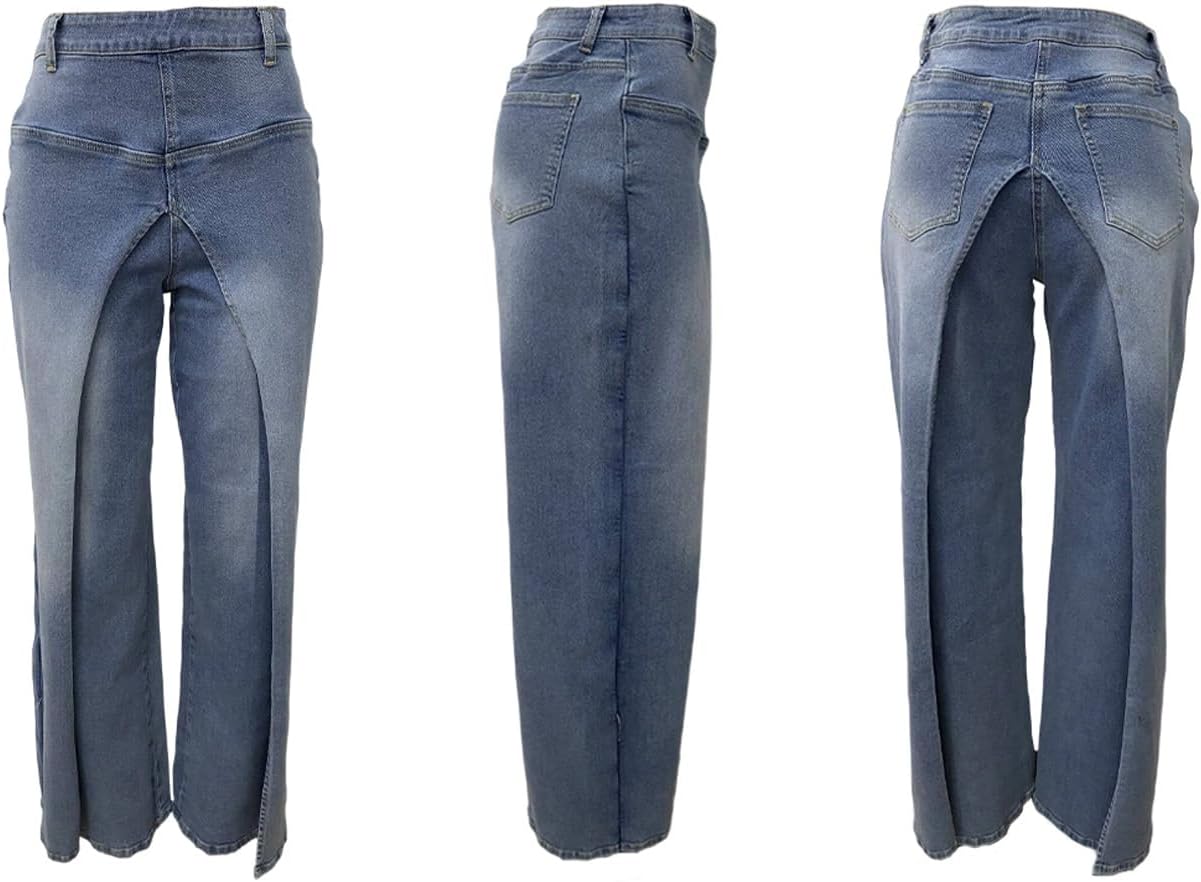 DINGANG Women's Asymmetrical Wide Leg Jeans High Waisted Denim Pants | Trendy Baggy Jeans,Loose fit,Wrap front,Patchwork Split Hem,Y2K Streetwear,Unique Jeans with Pockets