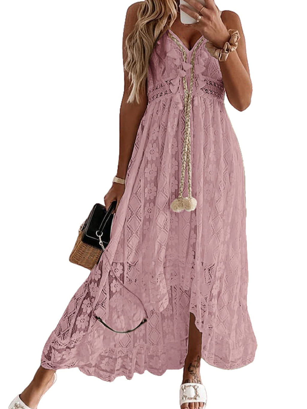 CUPSHE Womens Lace Summer Maxi Dresses 2026 Beach Wear | V Neck Spaghetti Straps Sundress, Tassel, Boho Pom Poms, Flowy Vacation Outfits, Resort Wear, Graduation Wedding Guest Looks
