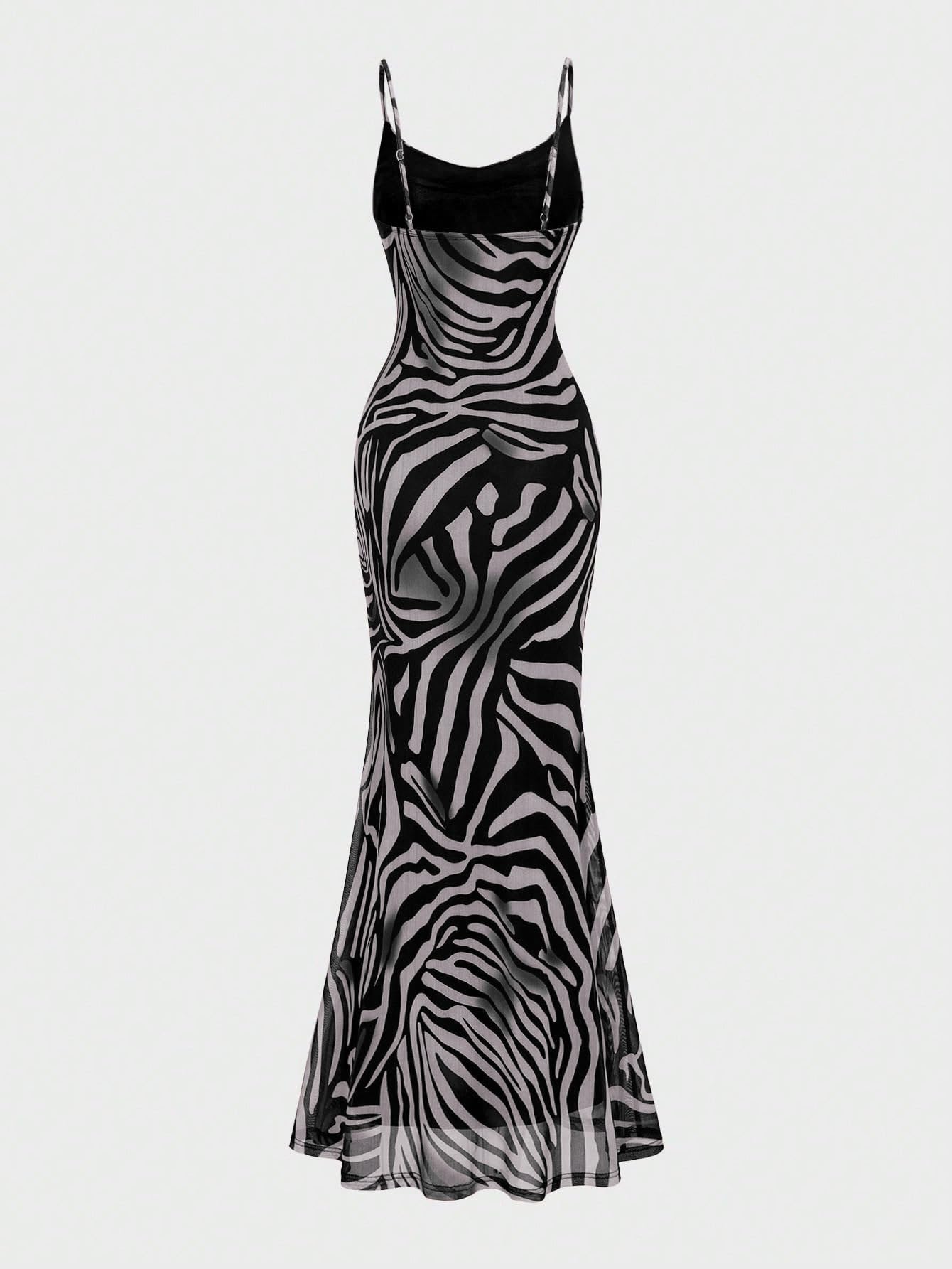 OYOANGLE Women's Zebra Spaghetti Strap Maxi Dresses Cowl Neck Bodycon Dress | Zebra Print, Spaghetti Strap, Maxi Dresses, Sleeveless, Cowl Neck, Formal Bodycon Dress