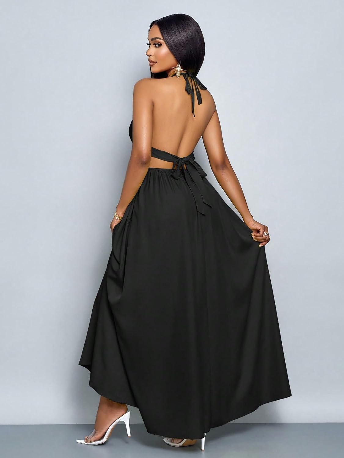 SKAYS Women's Summer Backless Tie-Waist Dress Solid Color Sexy V-Neck Beach Vacation Maxi Dress Formal Party Dress