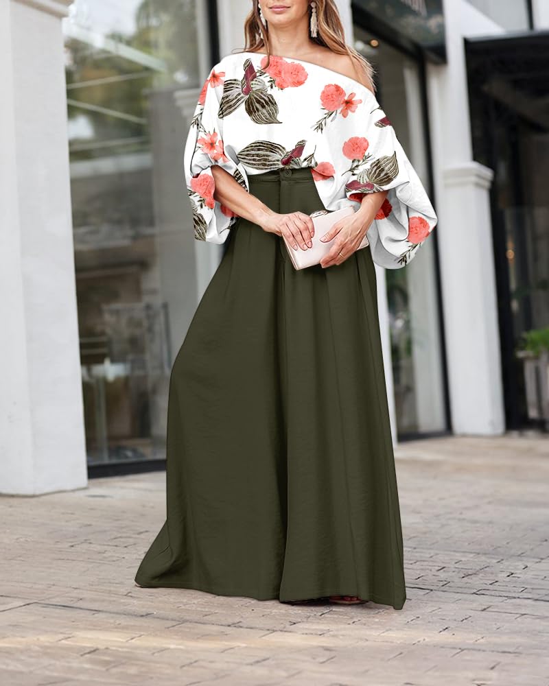 CHICME Women 2 Piece Summer Outfit Off Shoulder Flowy Wide Leg Pants Set | Off Shoulder, Lantern Sleeve Matching Set, 2 Piece Sets for Women Dressy, Vacation Travel Airport Outfits