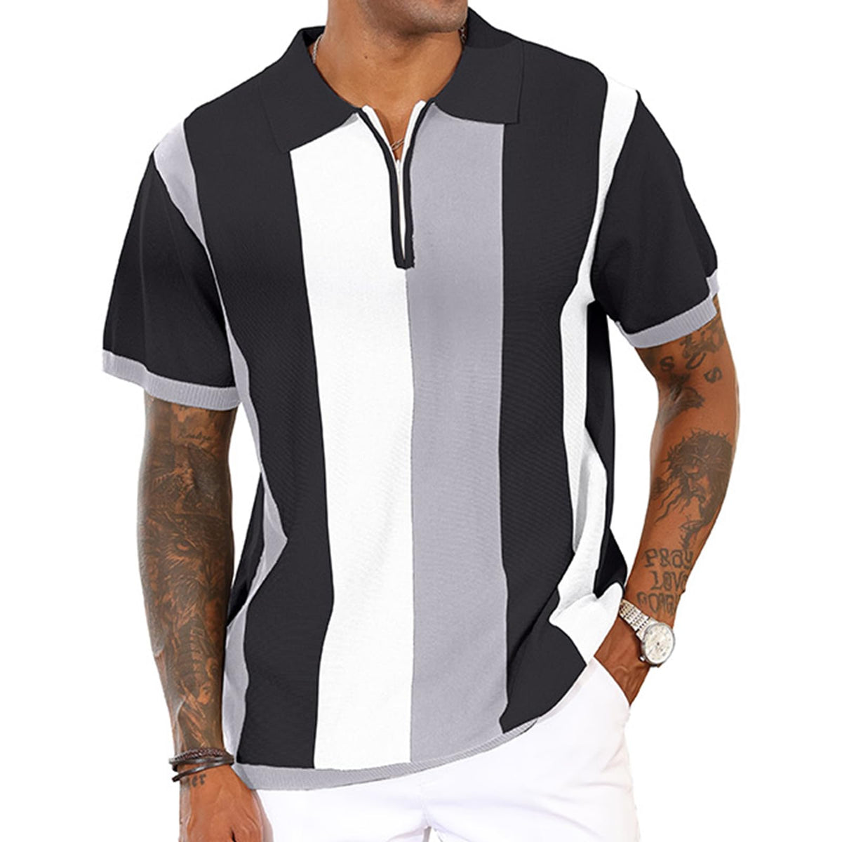 CTU Mens Casual Polo Shirts Vintage Striped Knit Golf Shirts Slim Fit Tops | Fashion,Pullover Dress Shirts,Collared with Zipper,Short Sleeve,Color Blocking,Suit for Daily Casual,Business,Work,Golf