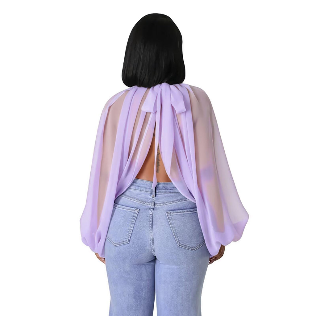 acelyn Women's Sexy See Through Chiffon Sheer Blouses Tops | Lantern Sleeve, Front Back Open, High Neck, Self Tie, Shawl Casual Shirts,Blouses Tops