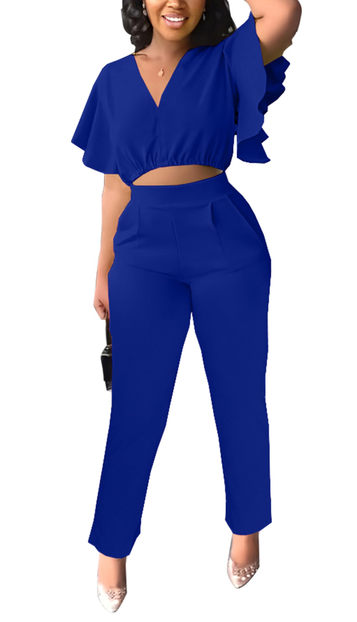 Womens Summer Two Piece Shorts Outfit Sexy Crop Top Butterfly Sleeve 2 pc Short Set Vacation Brunch Matching Set