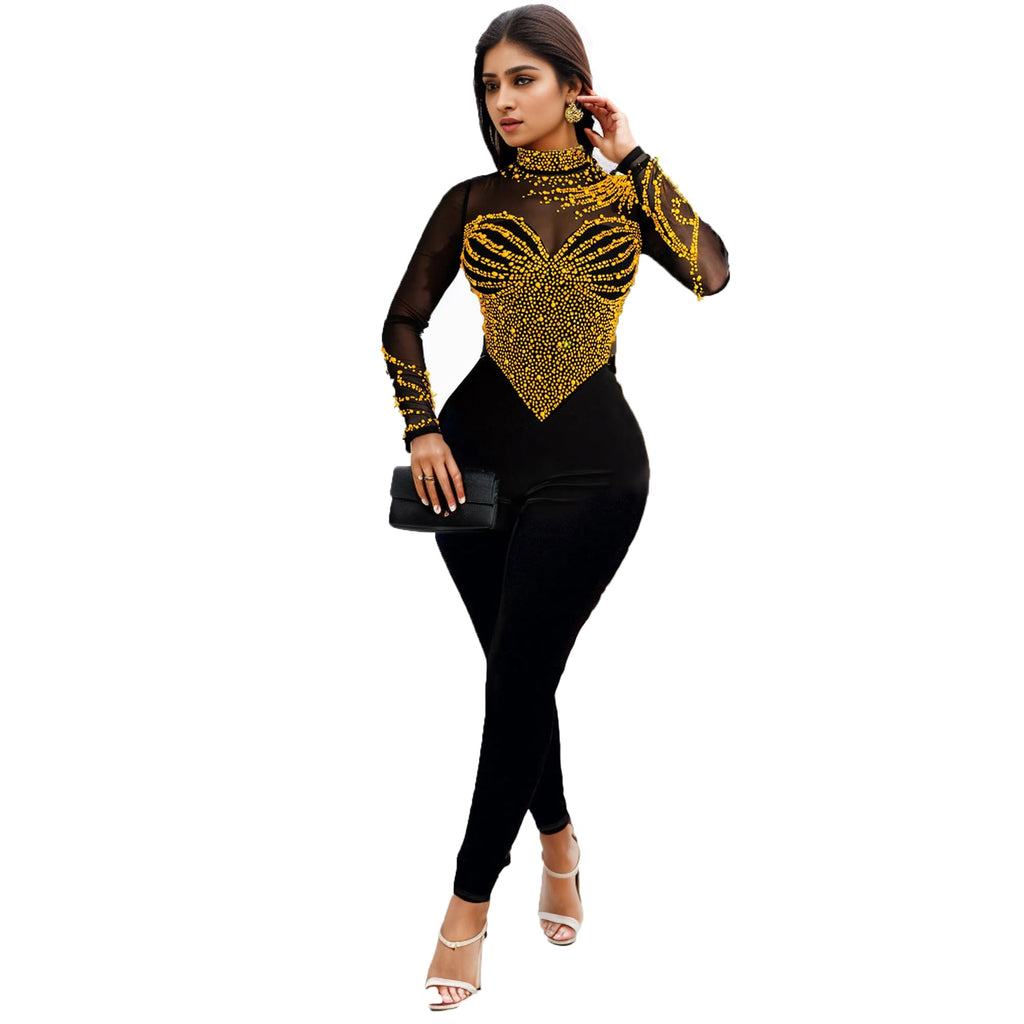 Nagfar Women Sexy Elegant Rhinestone Mesh See Through Bodycon Jumpsuits