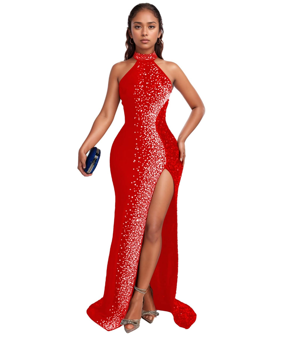 PORRCEY Women's Sexy Elegant Rhinestone Bodycon Dress Hot Drilling Clubwear