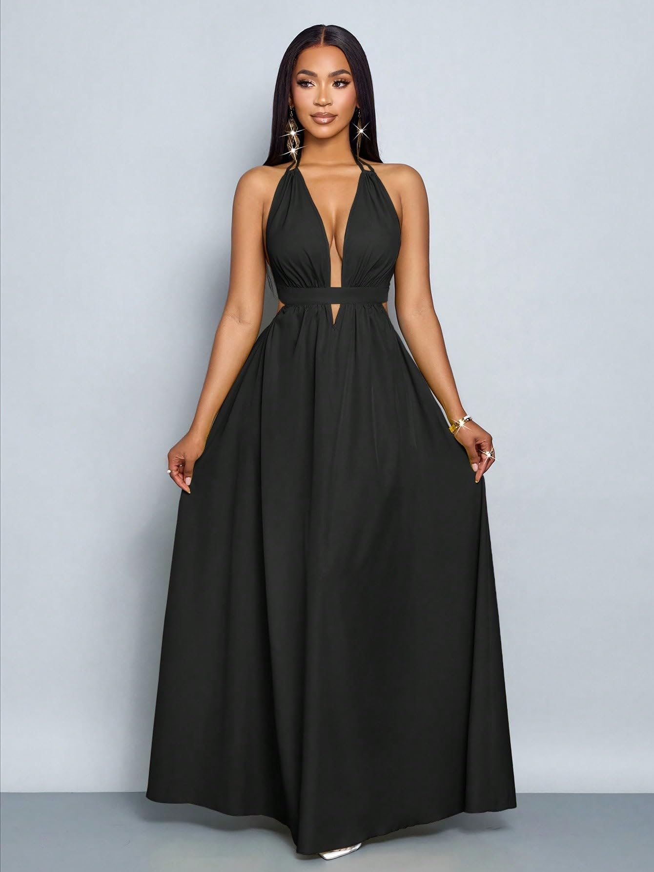 SKAYS Women's Summer Backless Tie-Waist Dress Solid Color Sexy V-Neck Beach Vacation Maxi Dress Formal Party Dress