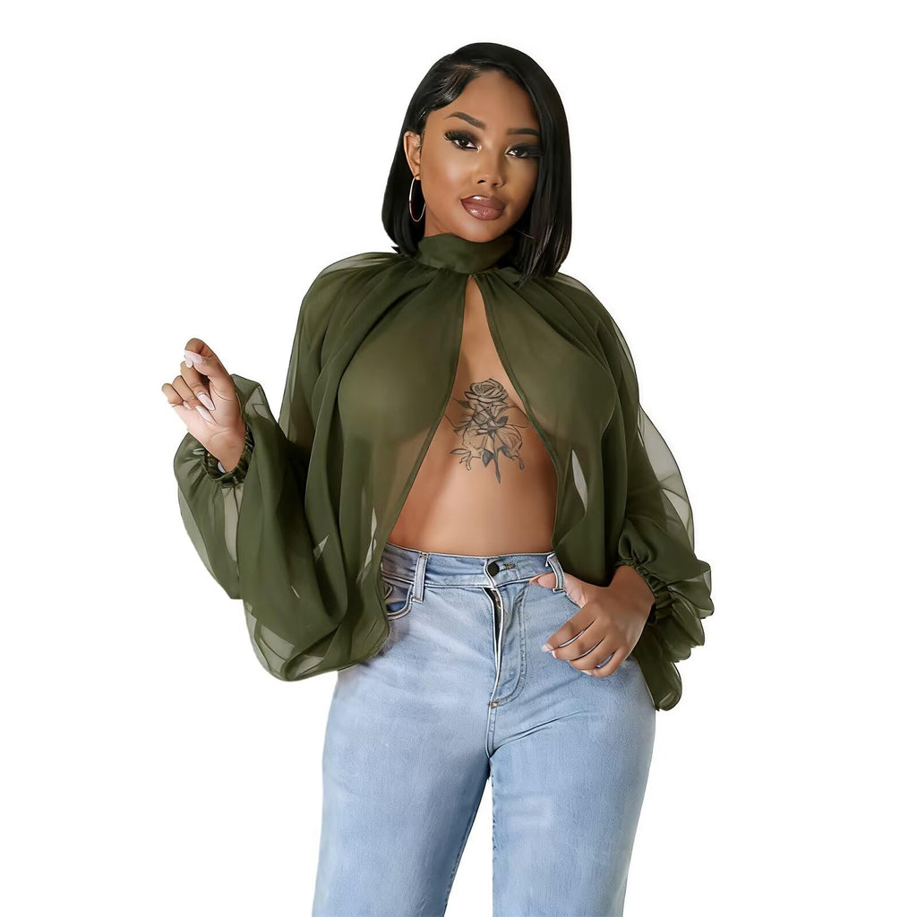 acelyn Women's Sexy See Through Chiffon Sheer Blouses Tops | Lantern Sleeve, Front Back Open, High Neck, Self Tie, Shawl Casual Shirts,Blouses Tops