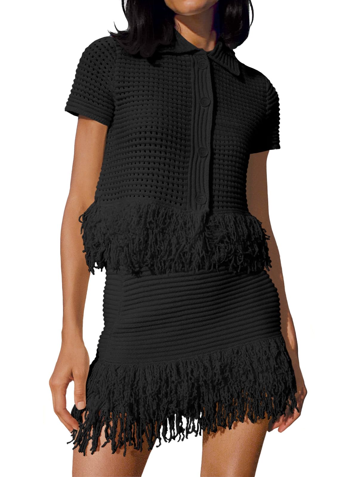 Fisoew Womens 2 Piece Outfits Crochet Short Sleeve Button Knit Sweater Tops and Fringe Skirt Vacation Sets