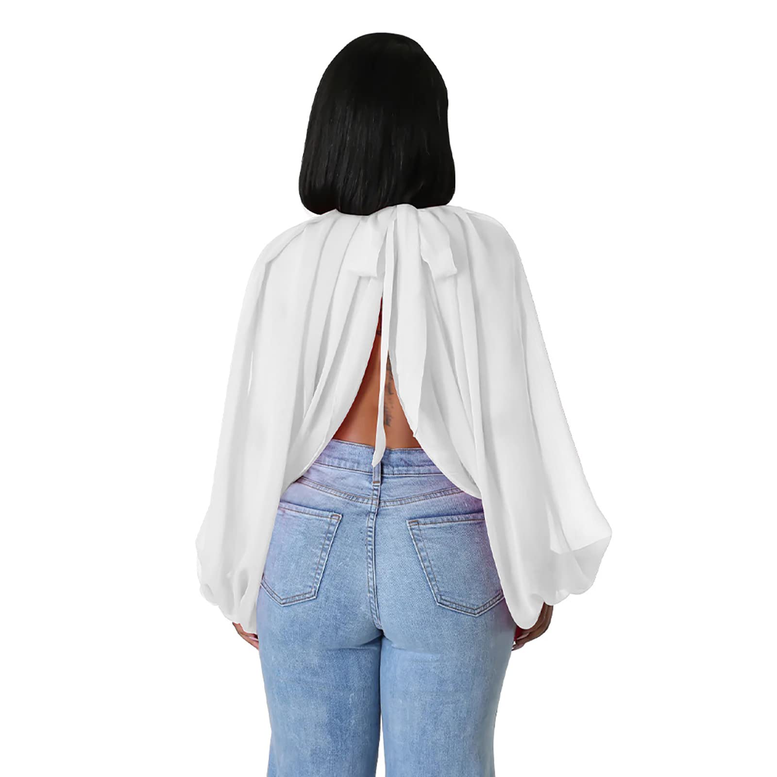 acelyn Women's Sexy See Through Chiffon Sheer Blouses Tops | Lantern Sleeve, Front Back Open, High Neck, Self Tie, Shawl Casual Shirts,Blouses Tops