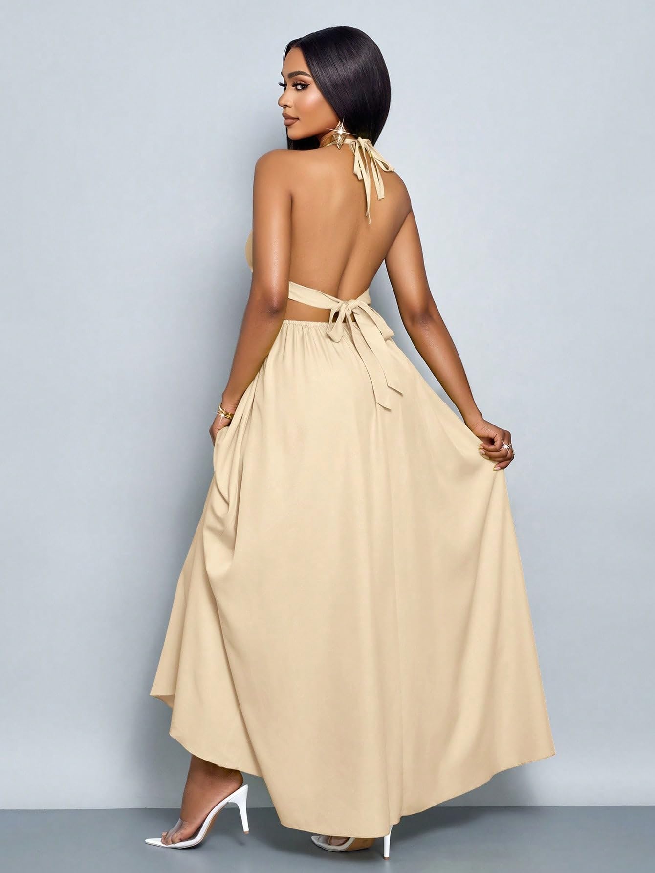 SKAYS Women's Summer Backless Tie-Waist Dress Solid Color Sexy V-Neck Beach Vacation Maxi Dress Formal Party Dress
