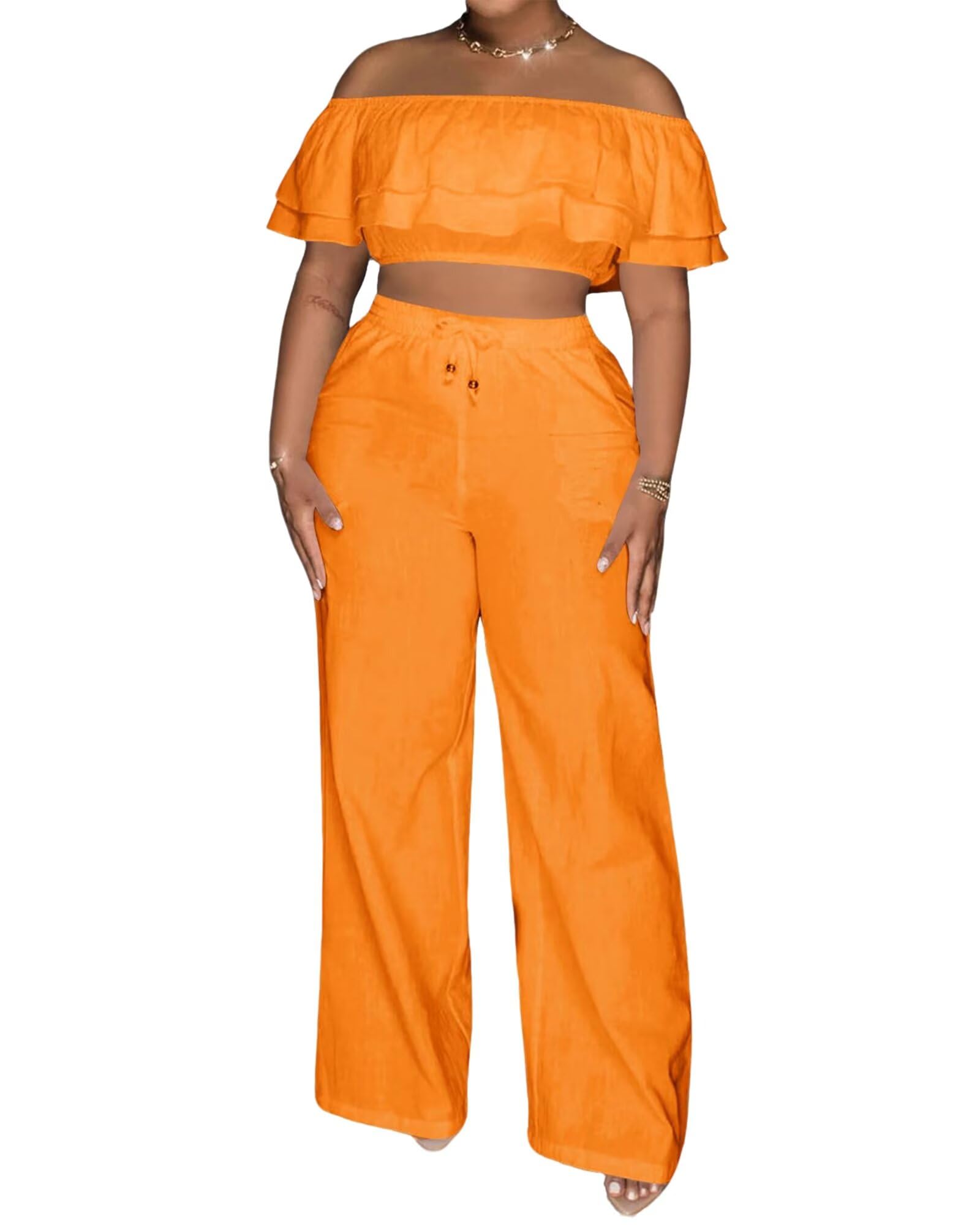 Adogirl 2 Piece Outfits for Women Ruffle Trim Crop Top Wide Leg Pants Set | 2 Piece Sets, Outfit for Women, Off Shoulder, Short Sleeve, Wide Leg Pants with Pockets, Sexy Outfits, Vacation Outfits