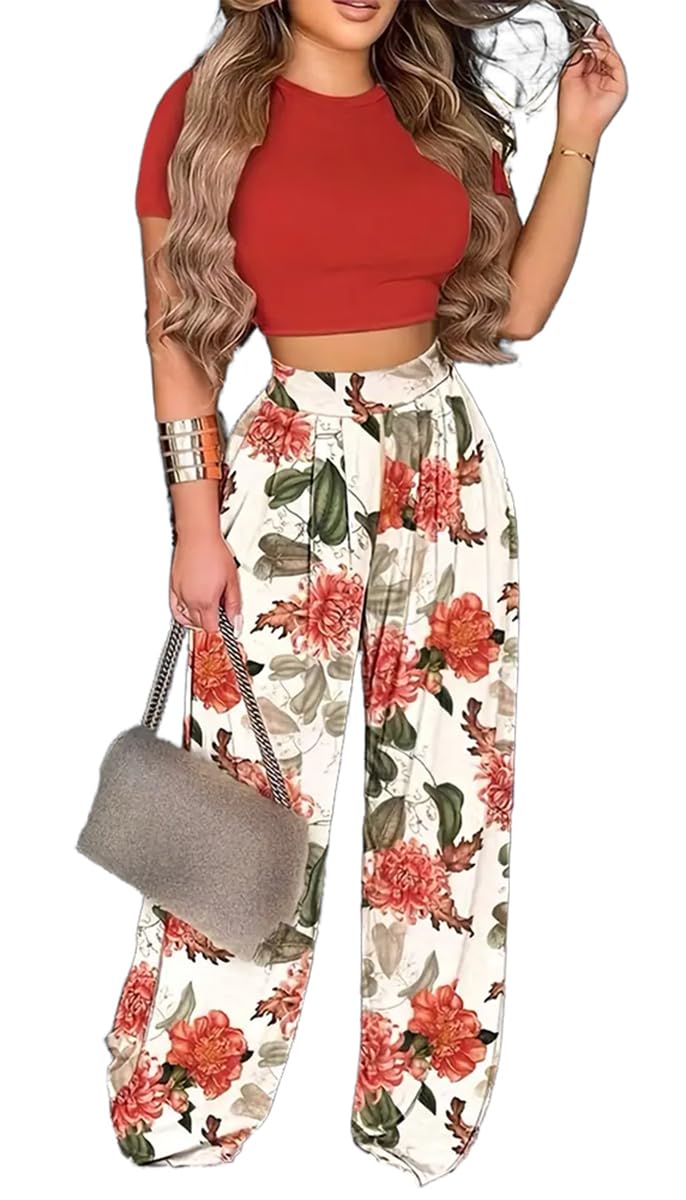 2 Piece Outfits for Women Short Sleeve Crop Top High Waist Wide Leg Long Pant Sets Tracksuit Sport Set