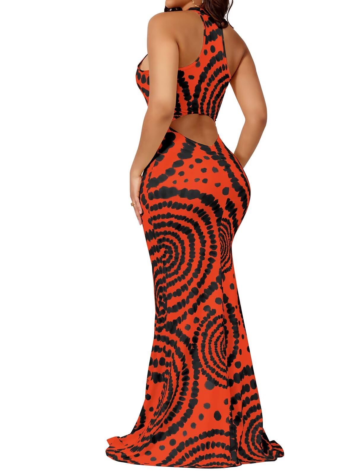 EDITCOZY Women Sexy Bodycon Maxi Dress Beach Backless Vacation Sundress | Tie Dye, Halter, Sleeveless, Open Back Cut Out, Long Mermaid Dresses, Summer, Birthday Party, Going Out, Date Night
