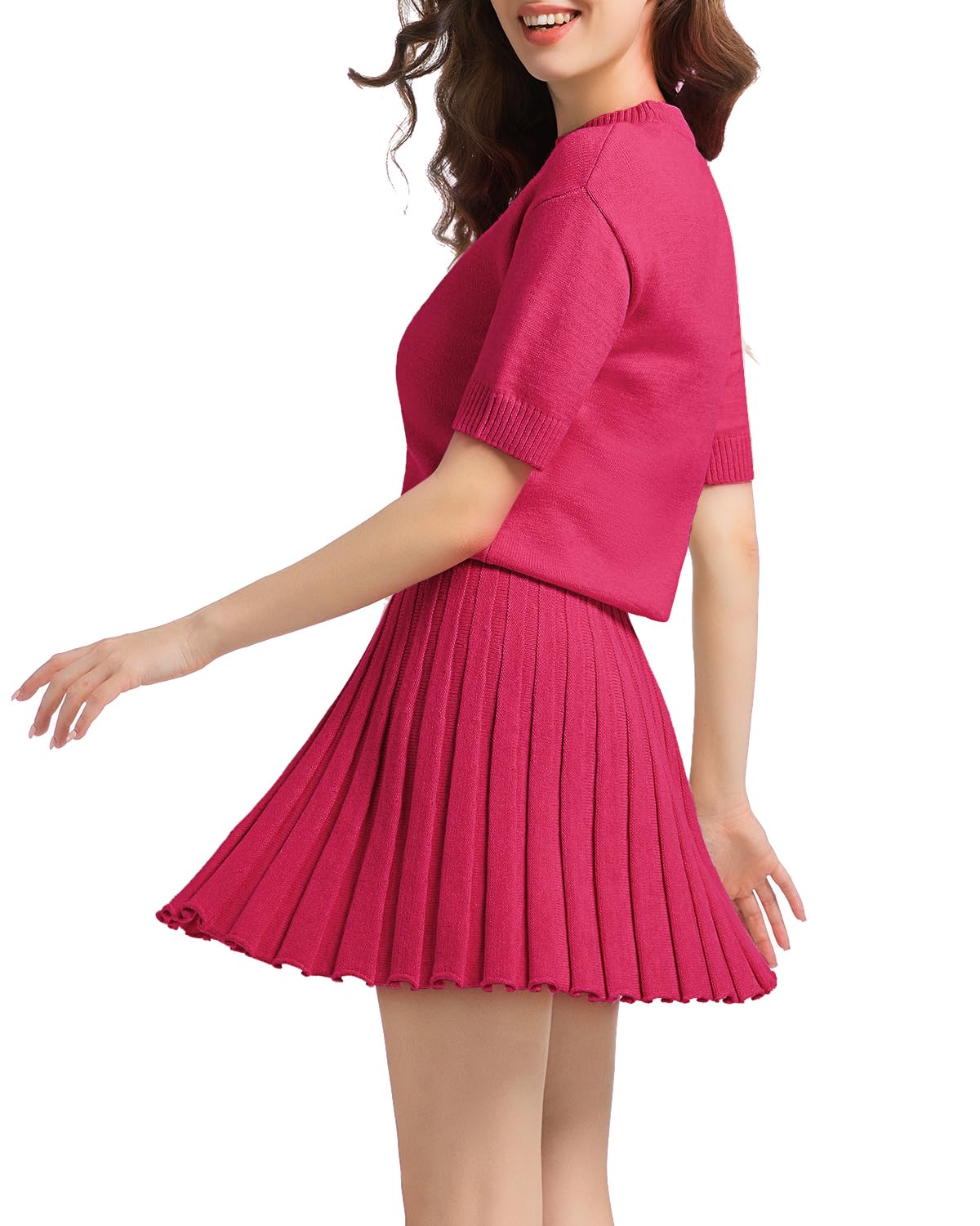 Womens 2 Piece Outfits 2026 Short Sleeve Crewneck Knit Tops And Pleated Mini Skirt Two Piece Sets