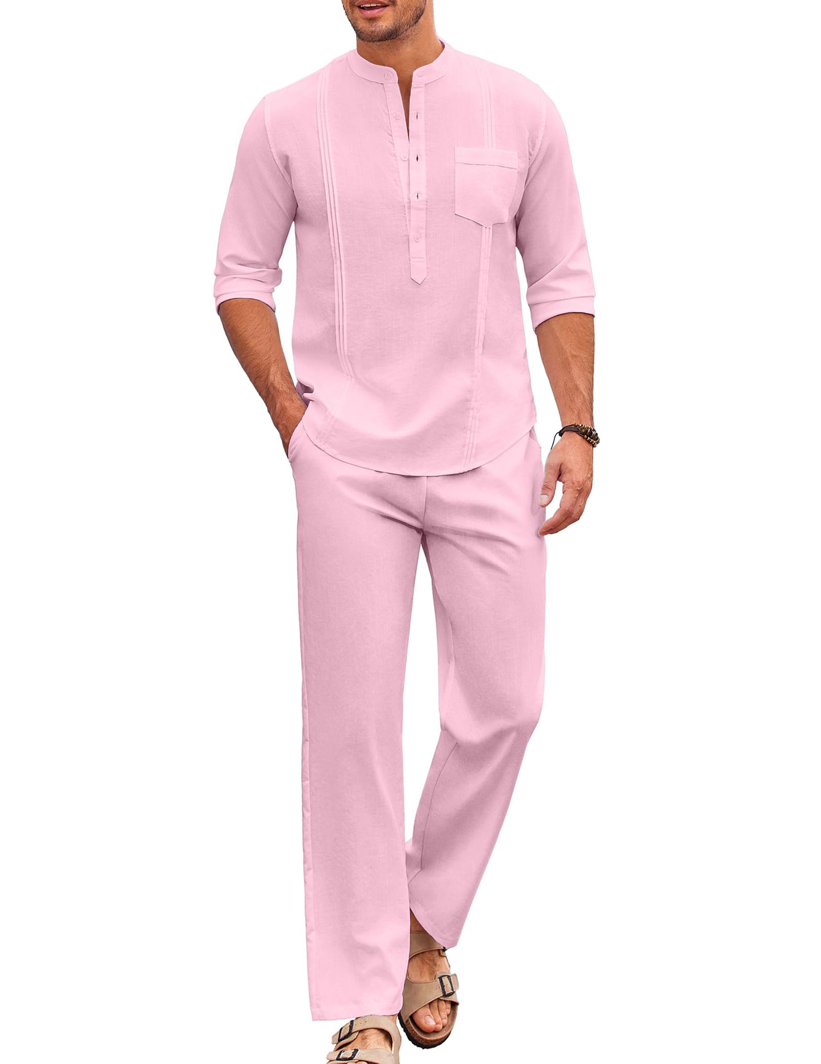 COOFANDY Men's 2 Piece Cotton Sets Casual Long Sleeve Cuban Henley Shirt and Loose Pants Set Beach Vacation Outfits