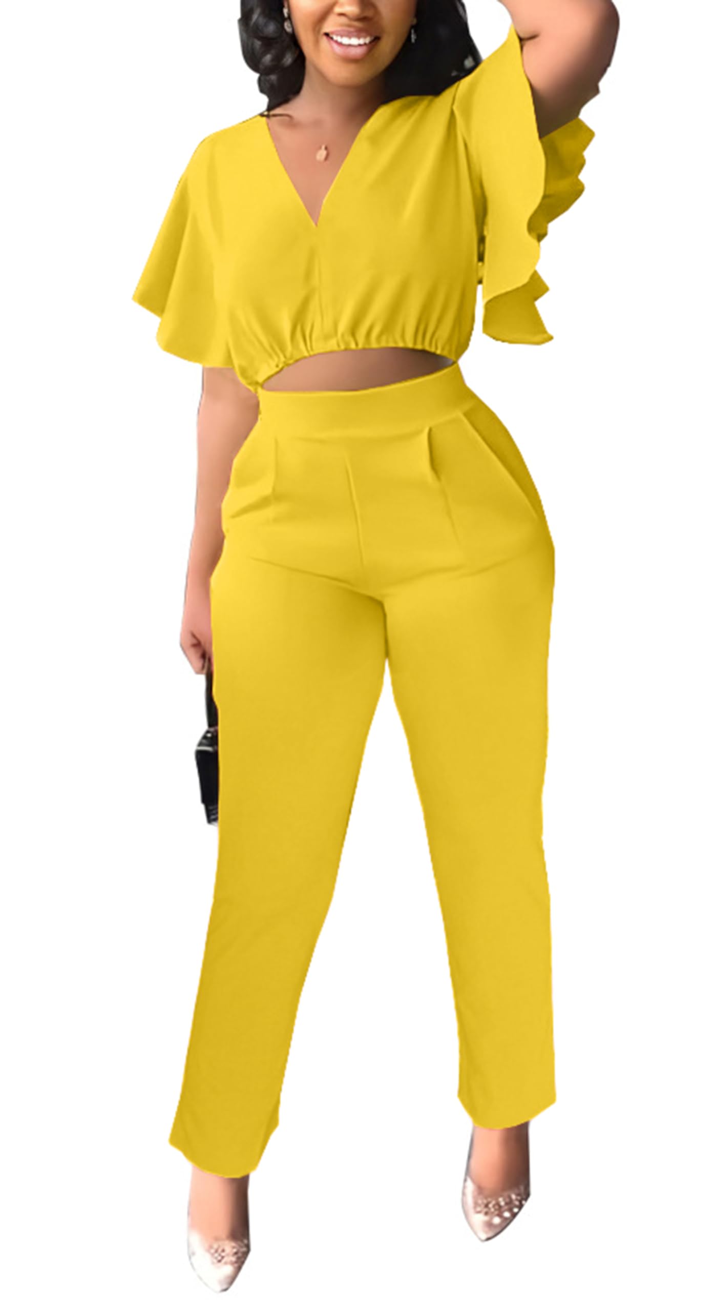 Womens Summer Two Piece Shorts Outfit Sexy Crop Top Butterfly Sleeve 2 pc Short Set Vacation Brunch Matching Set