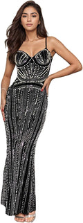 PORRCEY Women's Sexy Rhinestone Mesh See Through Party Night Prom Dress