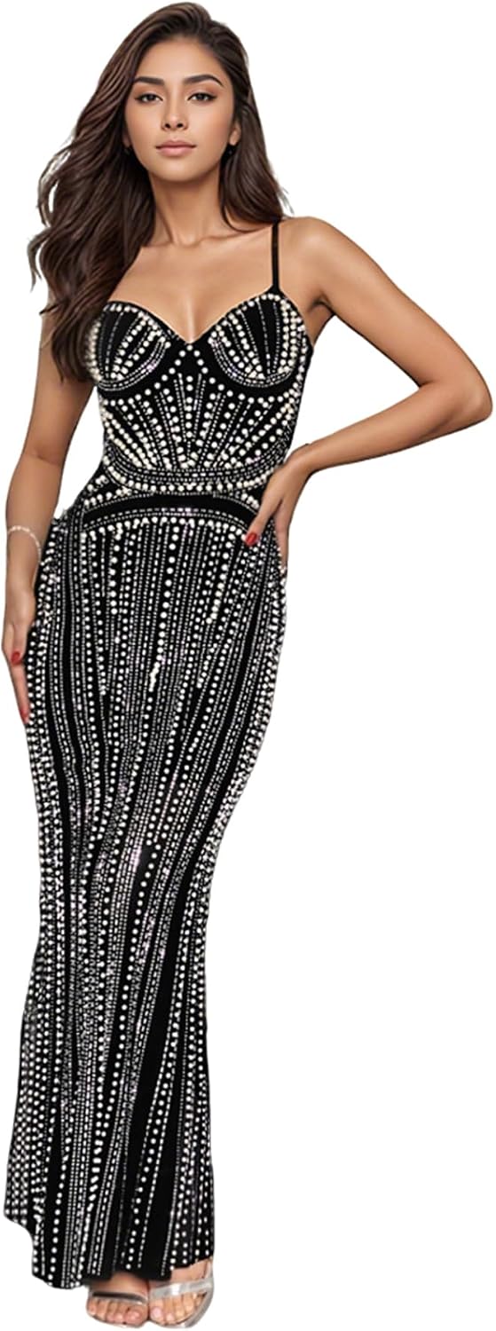 PORRCEY Women's Sexy Rhinestone Mesh See Through Party Night Prom Dress