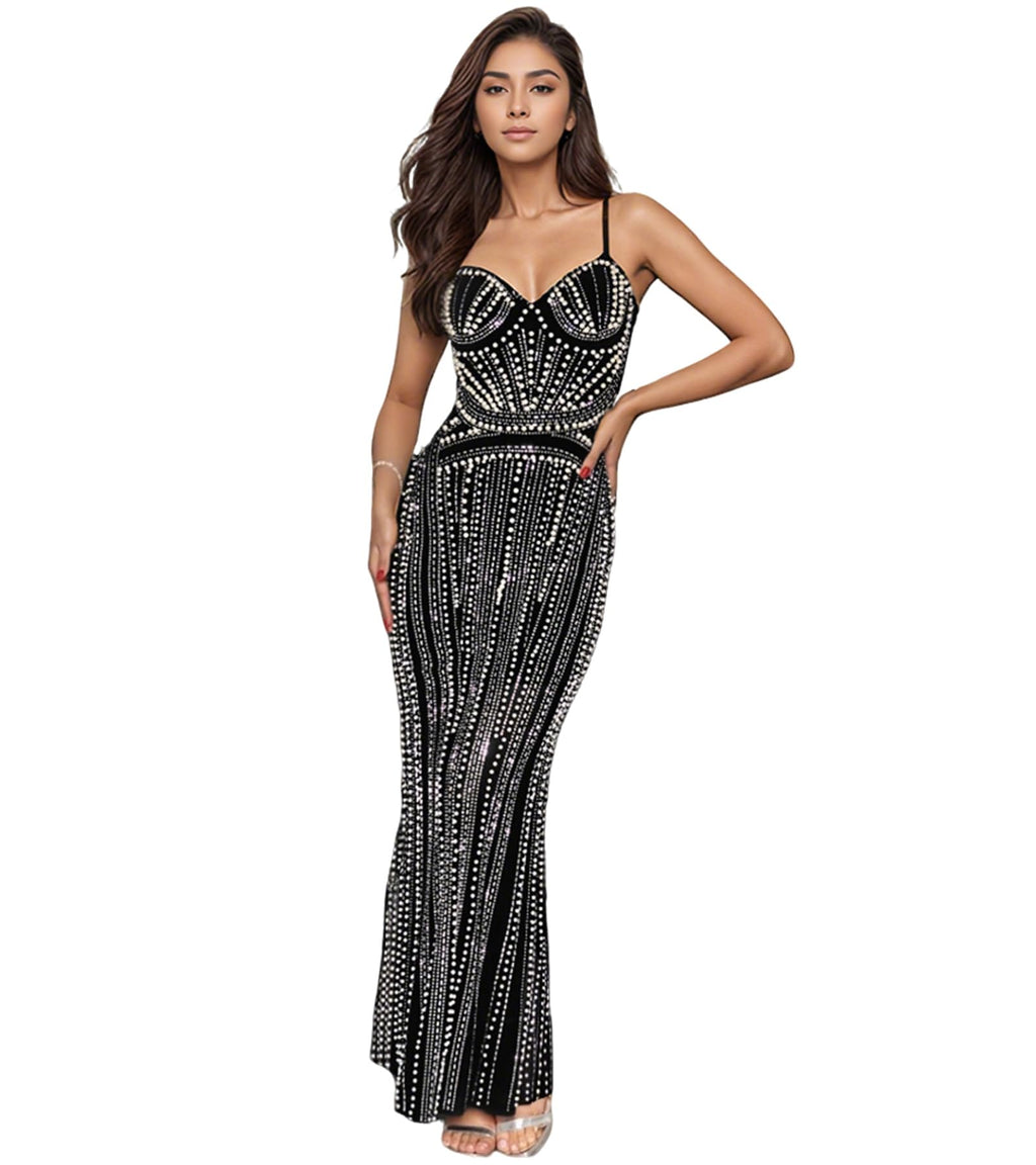 PORRCEY Women's Sexy Rhinestone Mesh See Through Party Night Prom Dress