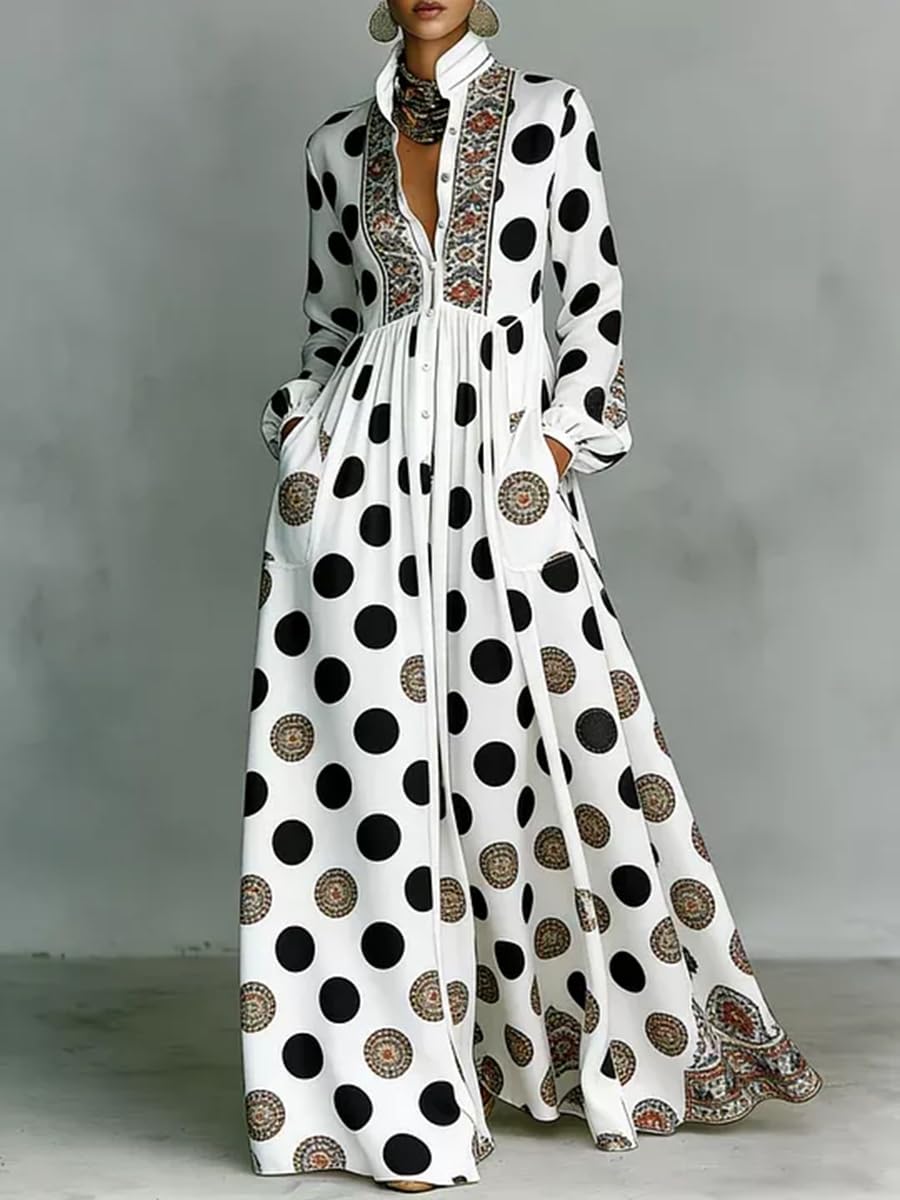 Women's Maxi Shirt Dresses Long Sleeve Button Down Dress with Pockets | Black and White Polka Dot Dress with Stand Collar Button Down Ethnic Trim Boho A-Line Flowy Casual Beach Vacation Dresses