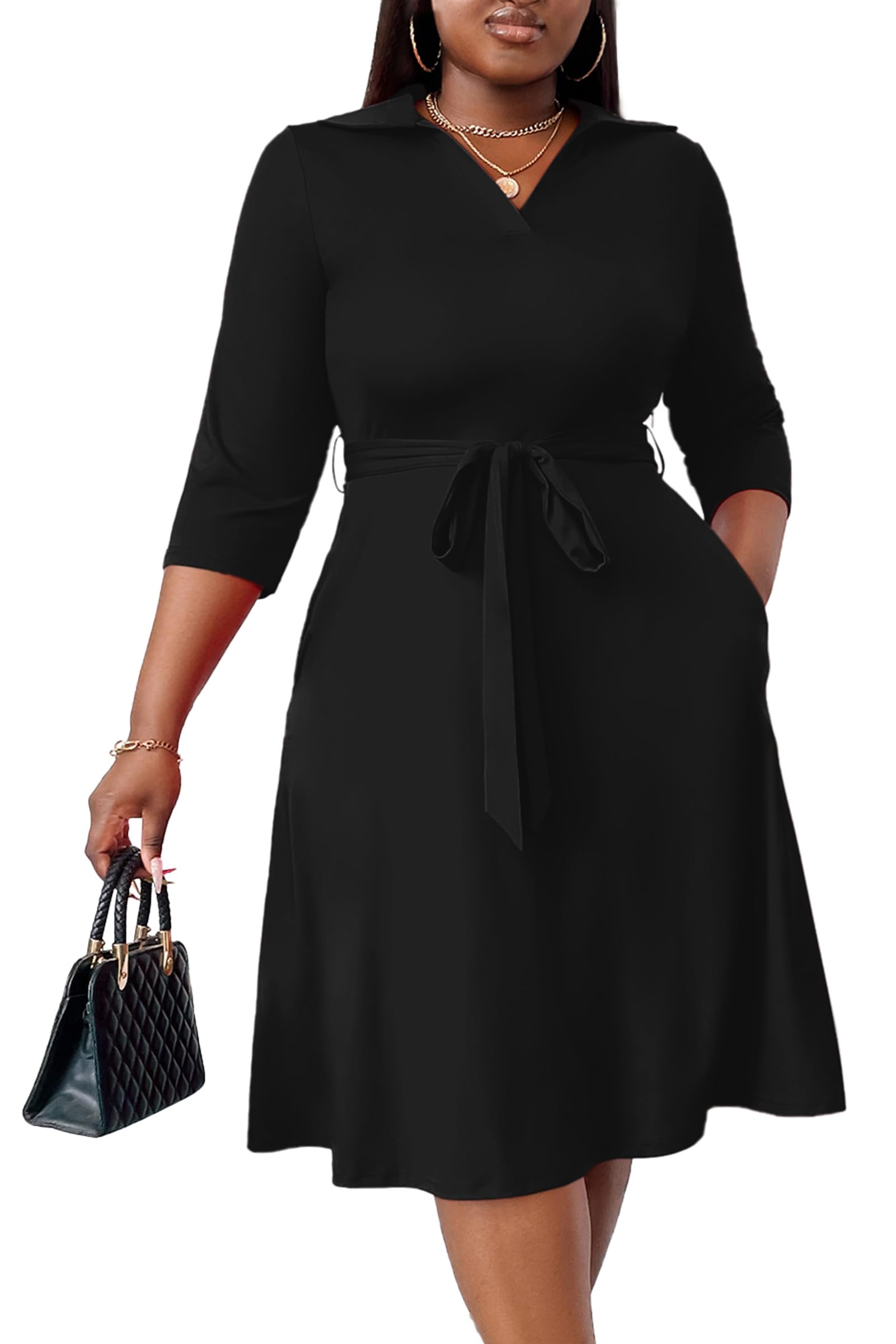 FANDEE Plus Size Midi Dress for Women Casual - Fit and Flare Summer Dresses | Semi Formal,African Print,Polo Collar Cocktail Dress,With Pockets And Belt