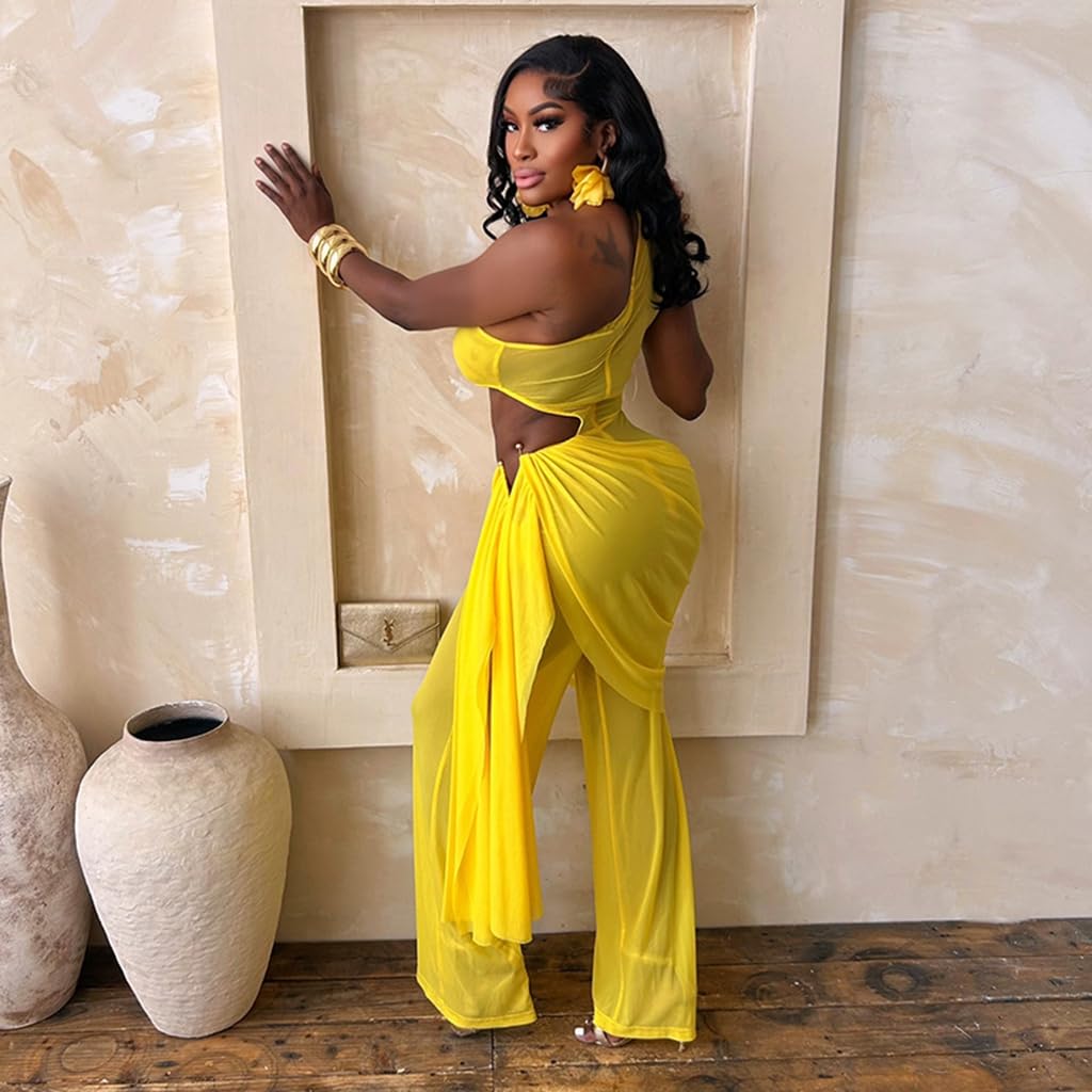 Sexy Jumpsuits for Women Cutout Sheer Mesh One Shoulder Draped Ruched Wrap One Piece Club Outfits for Women