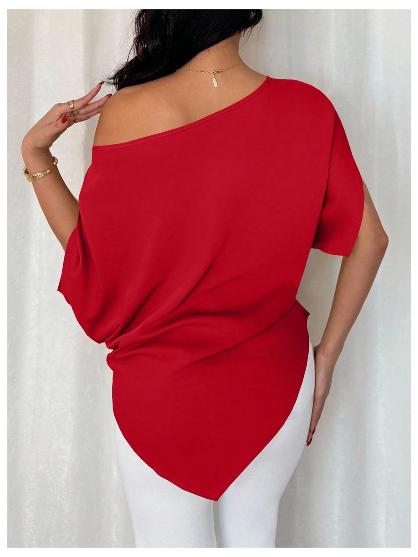 SHENHE Women's Off Shoulder Dolman Sleeve Blouses Asymmetrical Flowy Tops | Casual, Loose, Blouses With Waist Pleats, Asymmetrical, Elegant