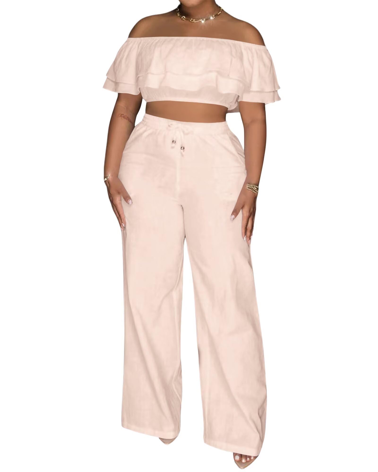 Adogirl 2 Piece Outfits for Women Ruffle Trim Crop Top Wide Leg Pants Set | 2 Piece Sets, Outfit for Women, Off Shoulder, Short Sleeve, Wide Leg Pants with Pockets, Sexy Outfits, Vacation Outfits