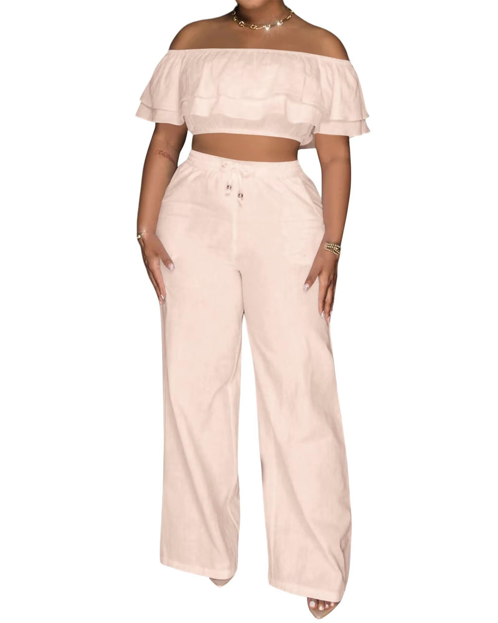 Adogirl 2 Piece Outfits for Women Ruffle Trim Crop Top Wide Leg Pants Set | 2 Piece Sets, Outfit for Women, Off Shoulder, Short Sleeve, Wide Leg Pants with Pockets, Sexy Outfits, Vacation Outfits