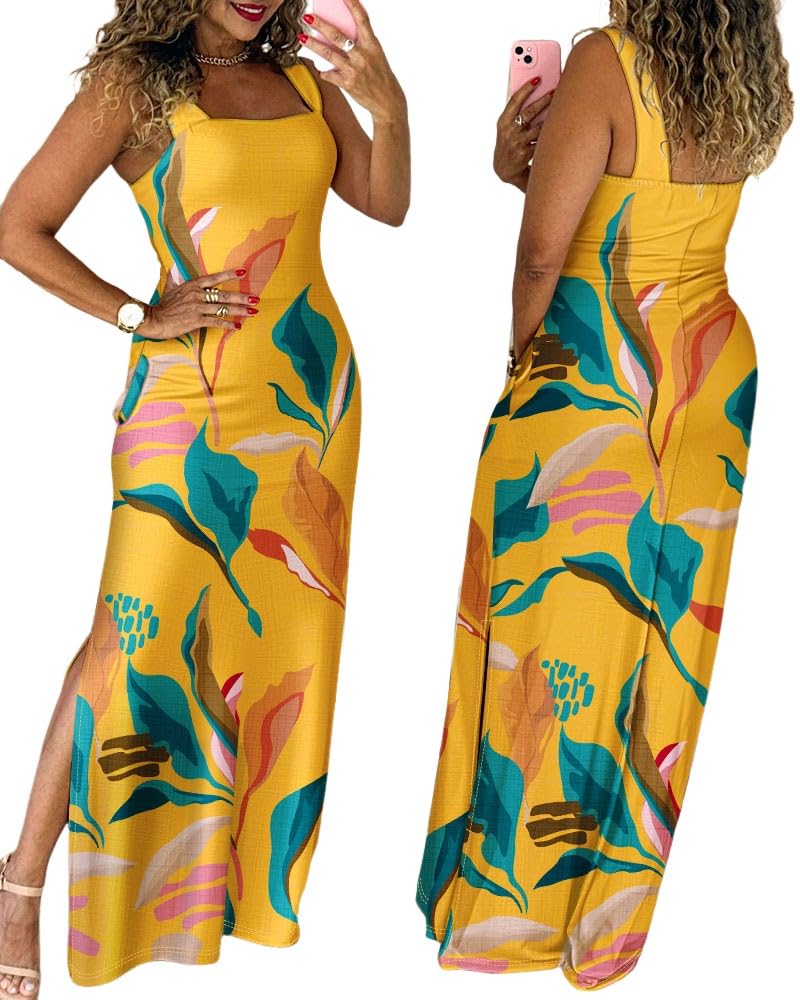 CHICME Maxi Dresses for Women Strap Square Boho Dress | Thick Strap Sundresses for Women, Split Summer Dress with Pockets, Travel, Vacation, Beach Dress Cruise 2026
