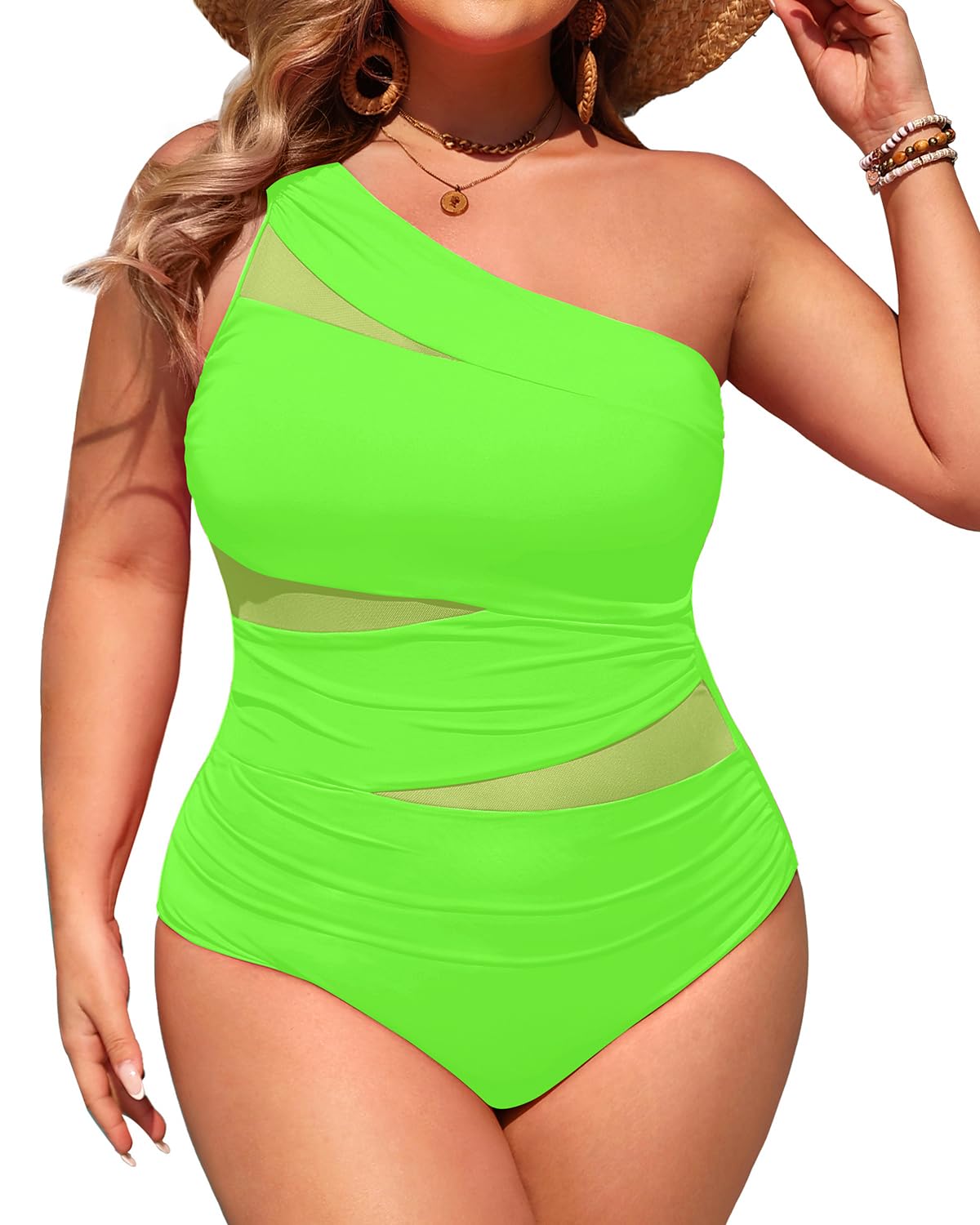 Plus Size One Piece Swimsuit for Women - One Shoulder Bathing Suit | Removable and Adjustable Strap, Detachable pads, Flatter midsection via front mesh, Drape diagonal folds to hide bulk